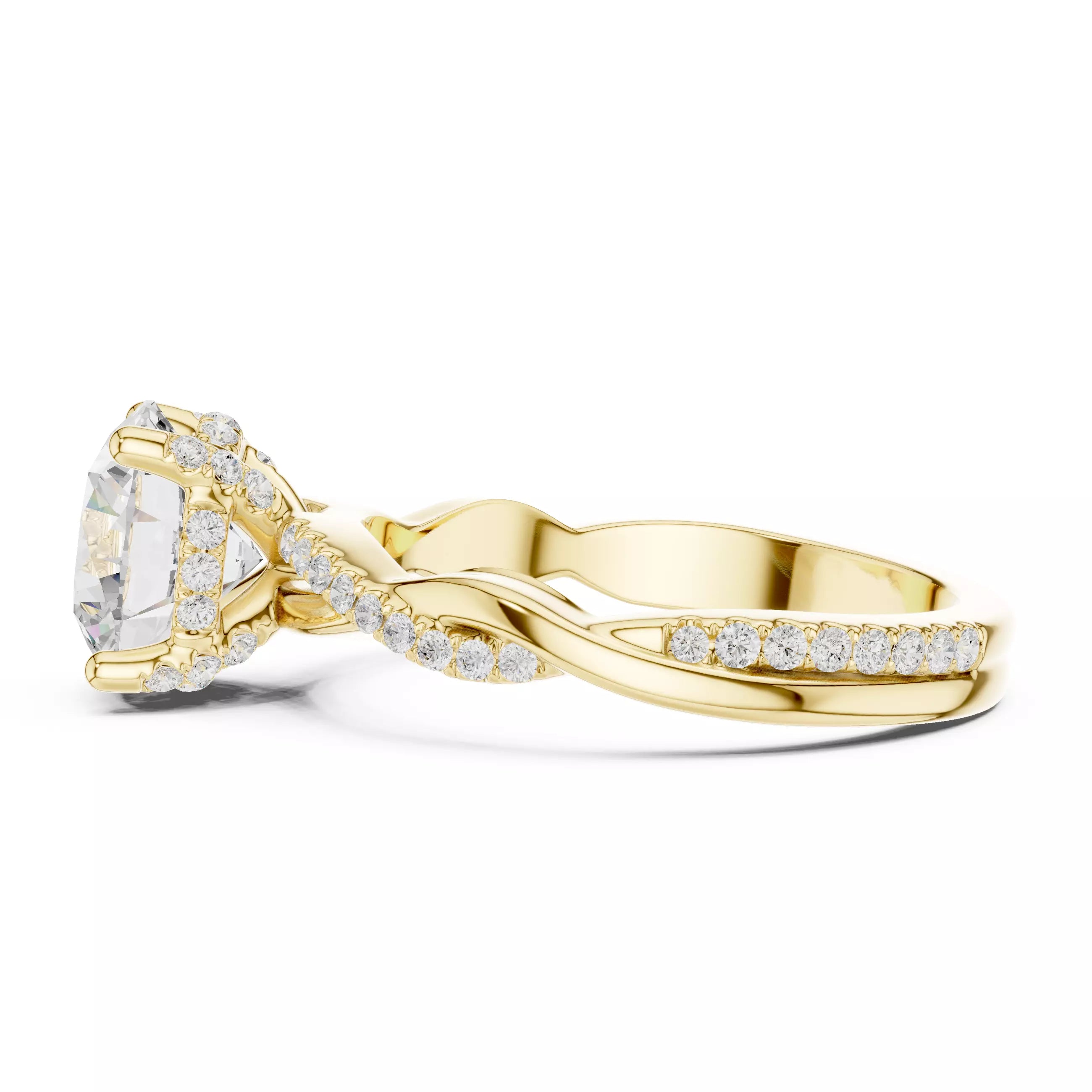 Twisted Shank Round Cut Diamond Engagement Ring in Yellow Gold - detail view