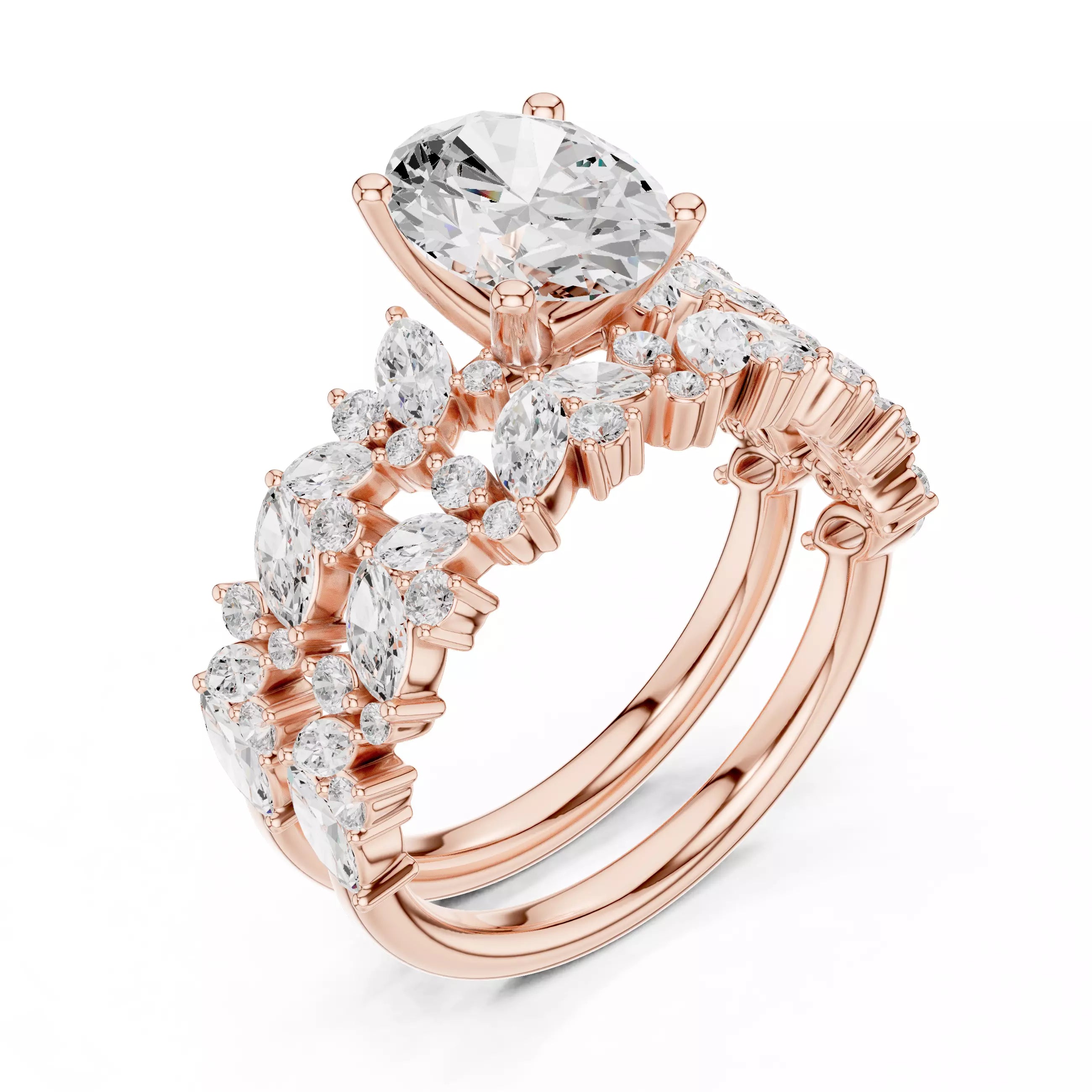 Oval Cut Wedding Ring Set Marquise Round Band in Rose Gold - angle view
