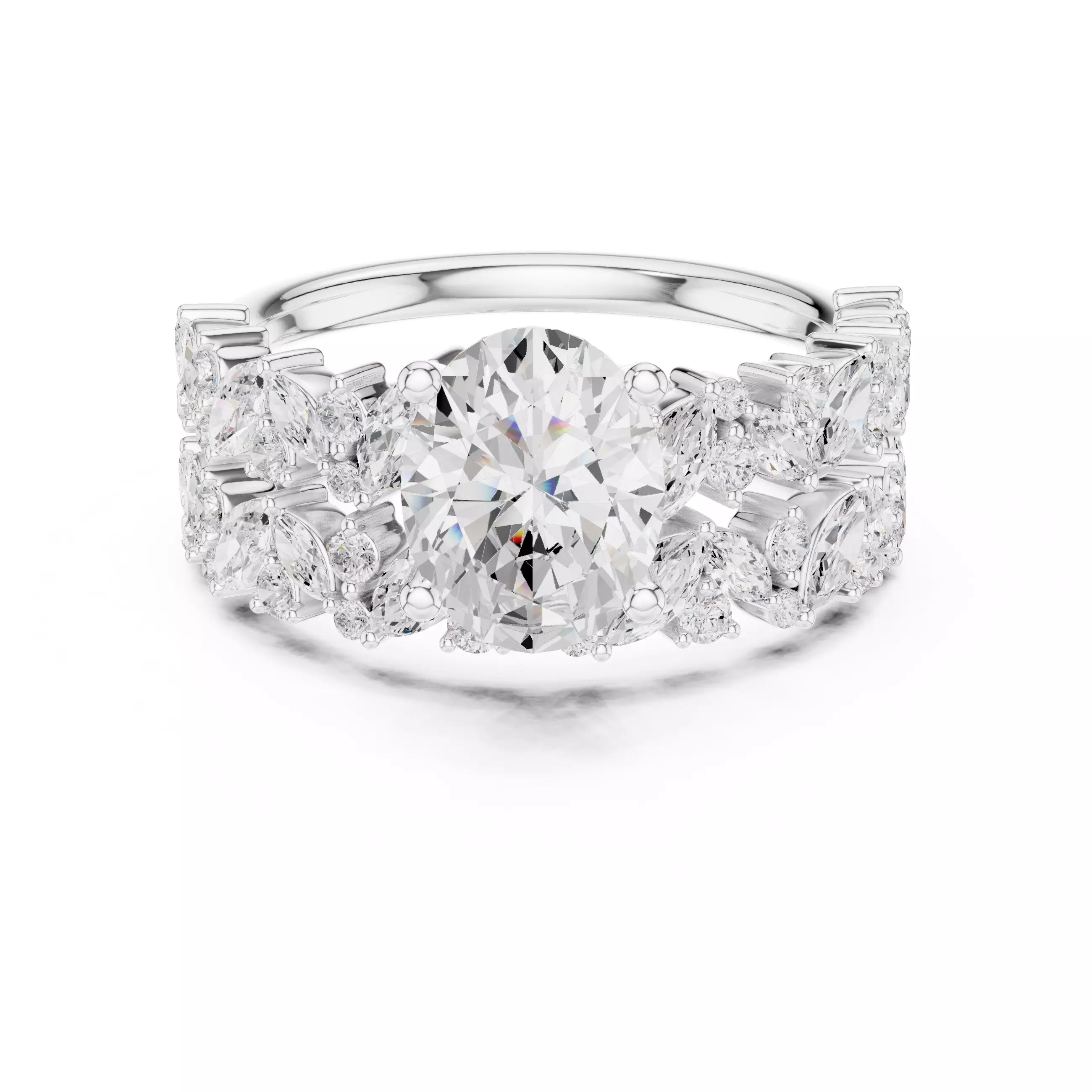 Oval Cut Wedding Ring Set Marquise Round Band in White Gold - front view