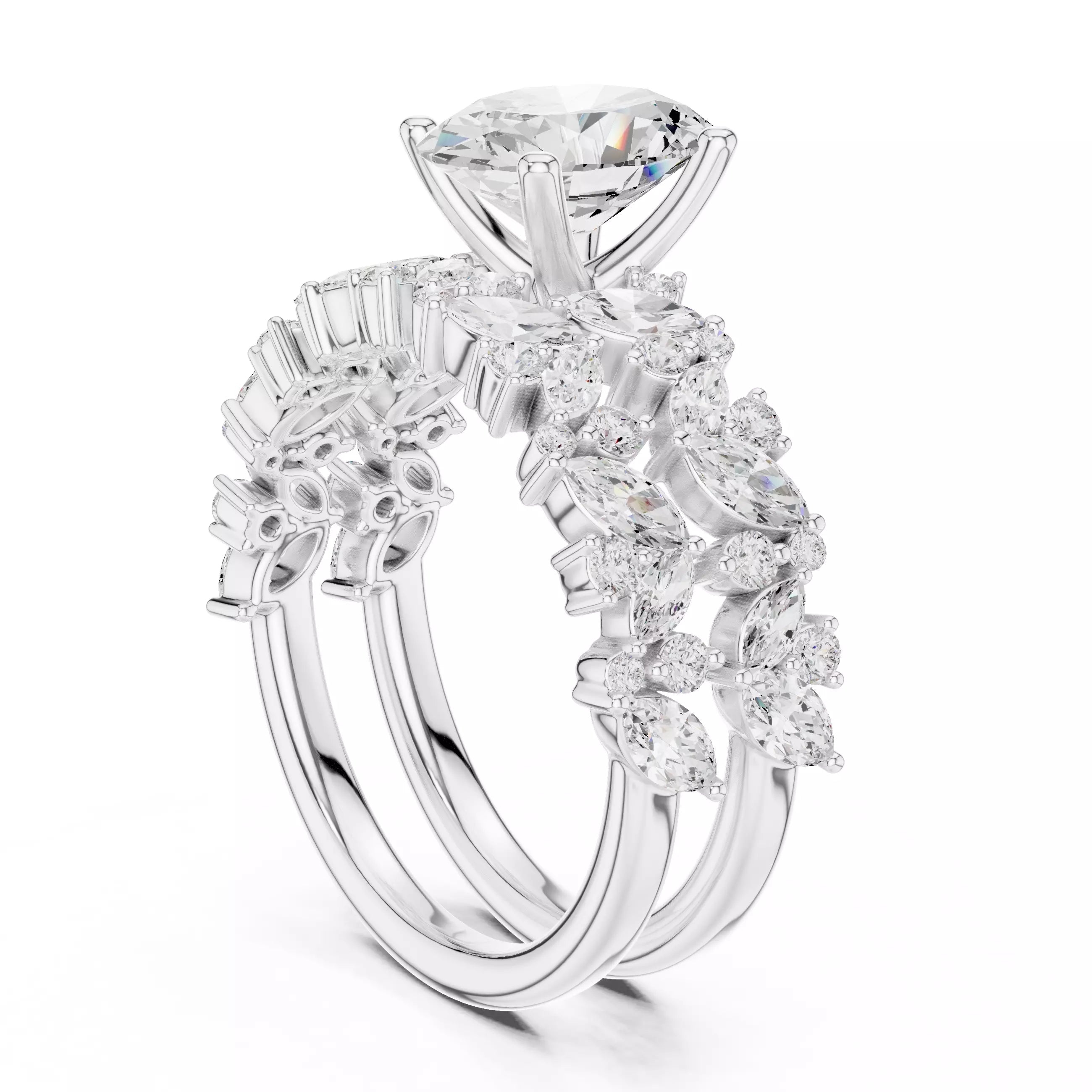 Oval Cut Wedding Ring Set Marquise Round Band in White Gold - side view