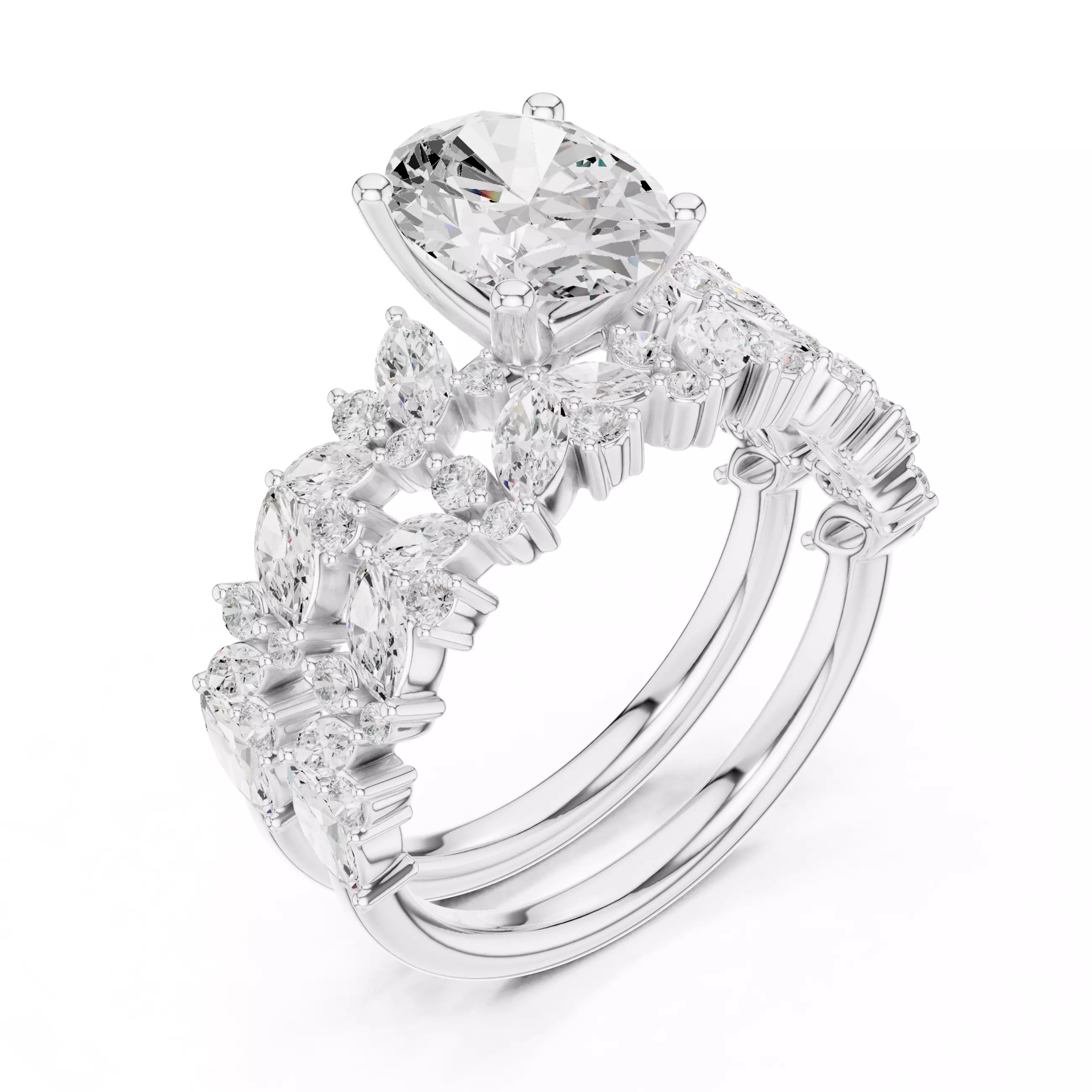 Oval Cut Wedding Ring Set Marquise Round Band in White Gold - angle view