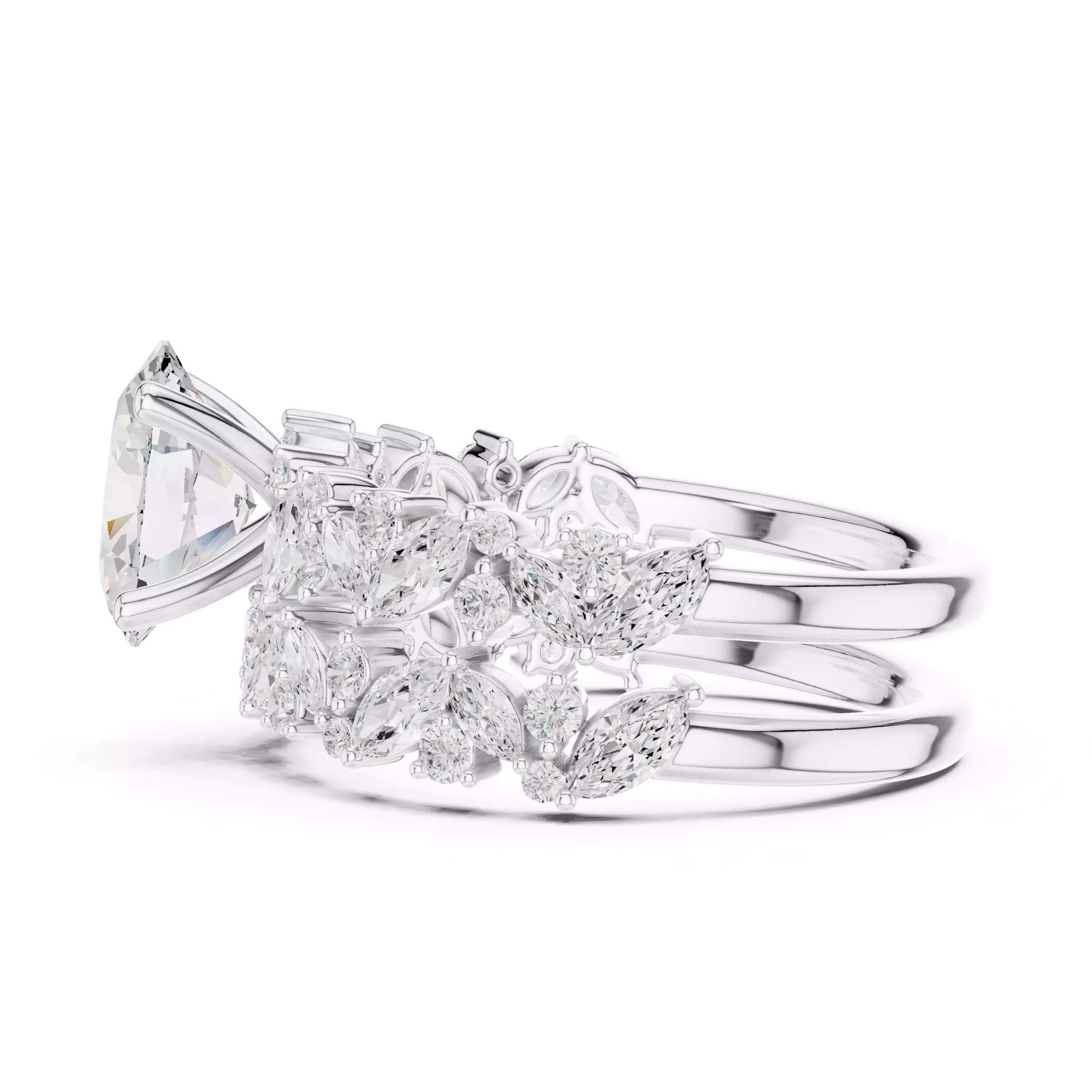Oval Cut Wedding Ring Set Marquise Round Band in White Gold - detail view