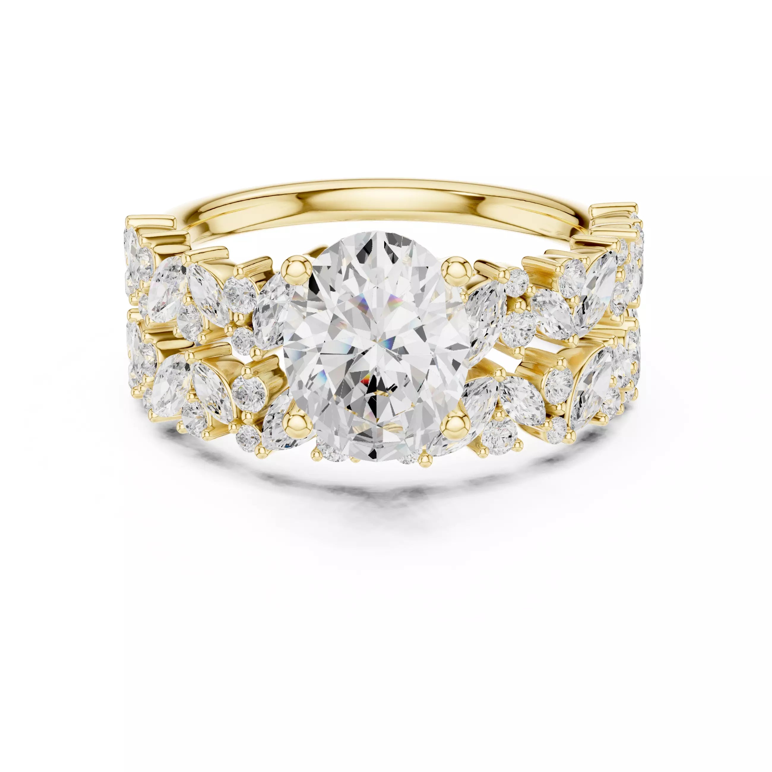 Oval Cut Wedding Ring Set Marquise Round Band in Yellow Gold - front view