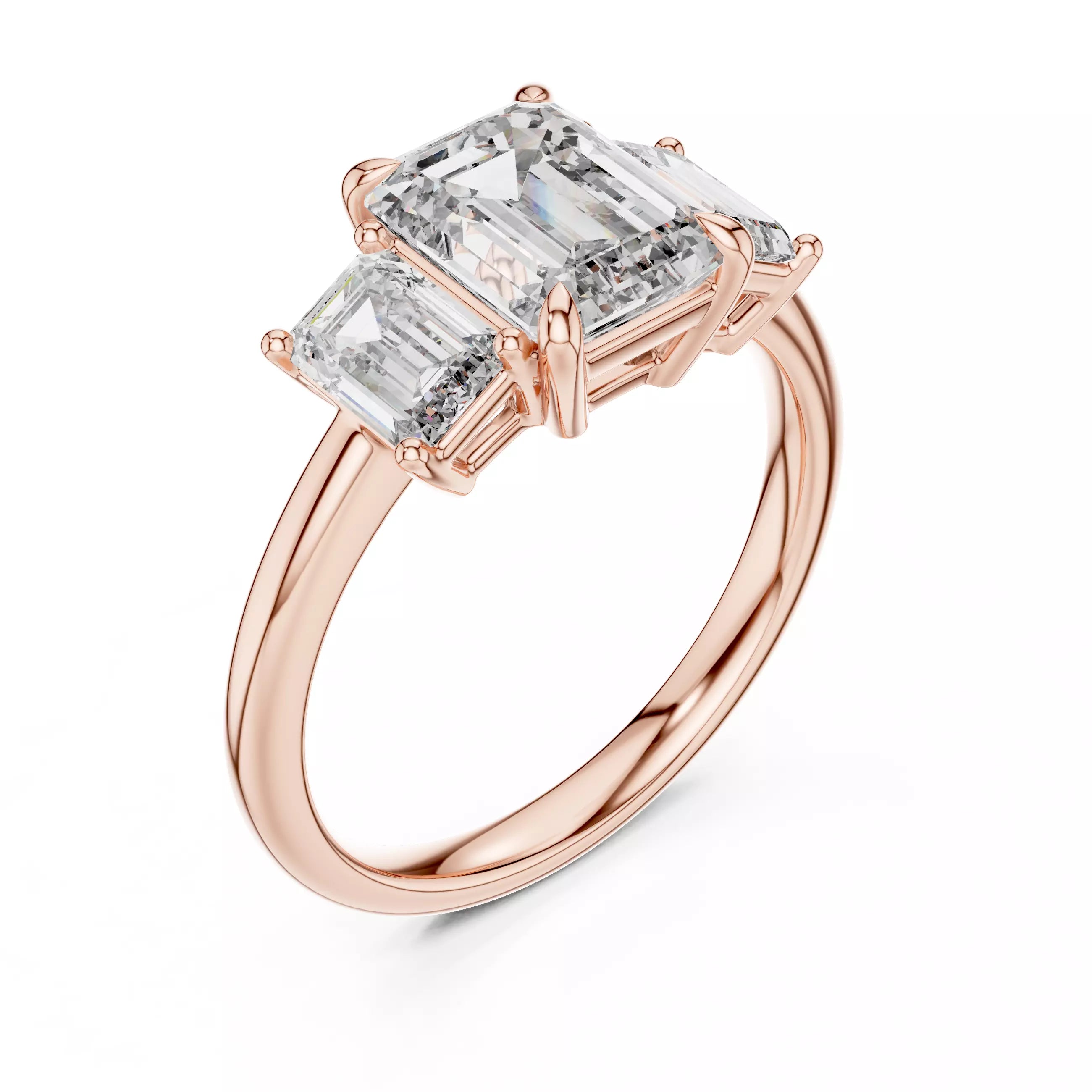 Three Stone Emerald Cut Diamond Engagement Ring - Rose Gold