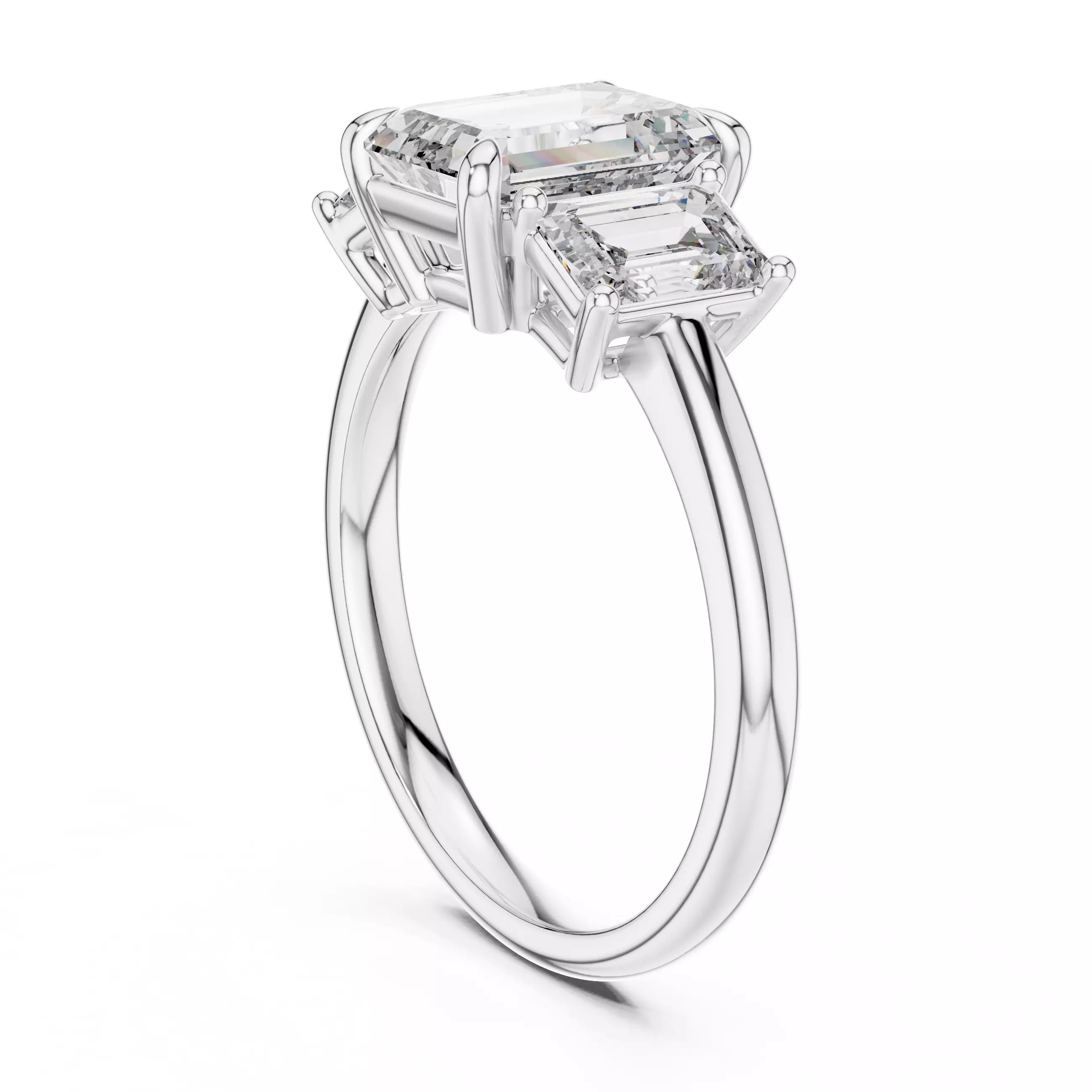 Three Stone Emerald Cut Diamond Engagement Ring - White Gold