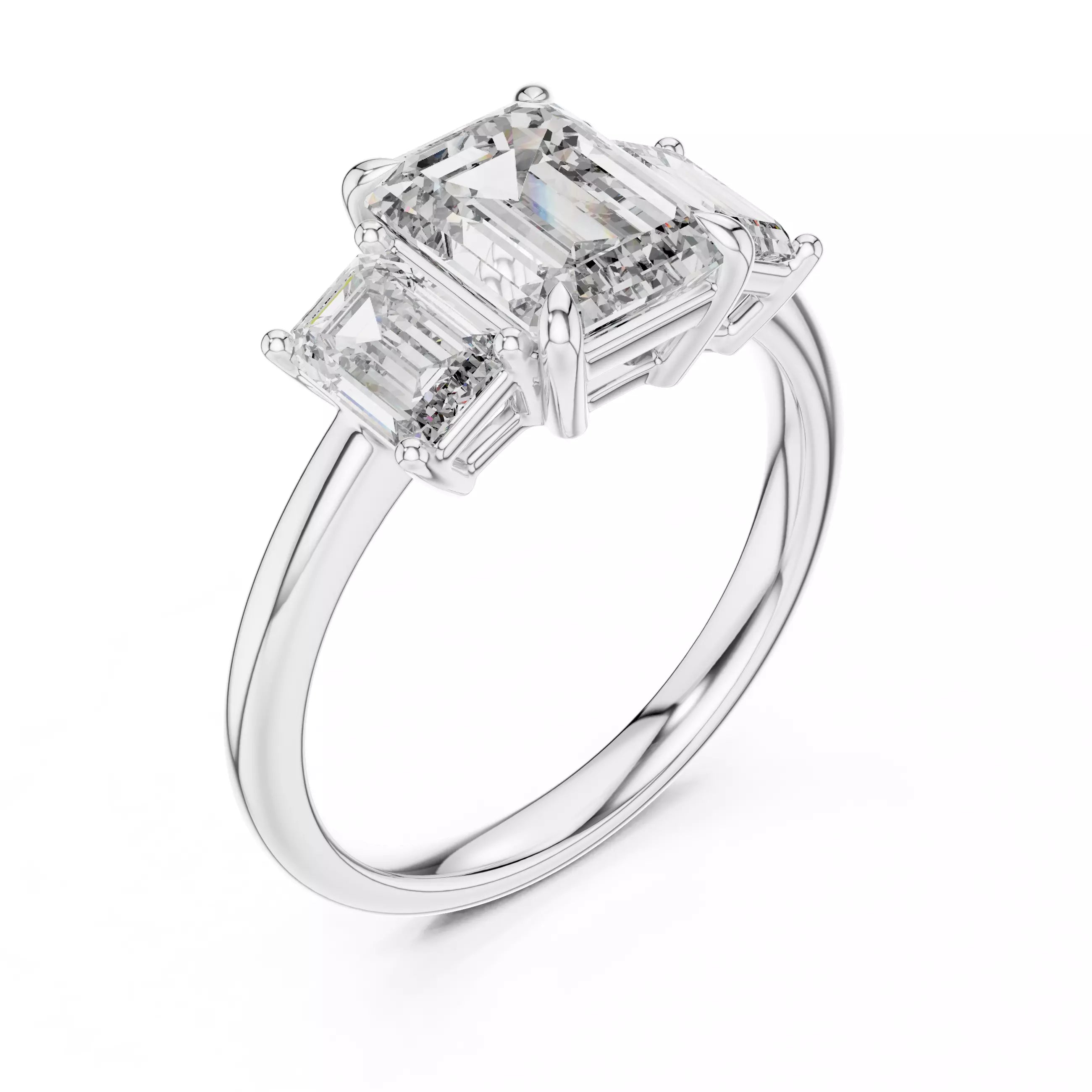 Three Stone Emerald Cut Diamond Engagement Ring - White Gold