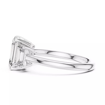 Three Stone Emerald Cut Diamond Engagement Ring - White Gold