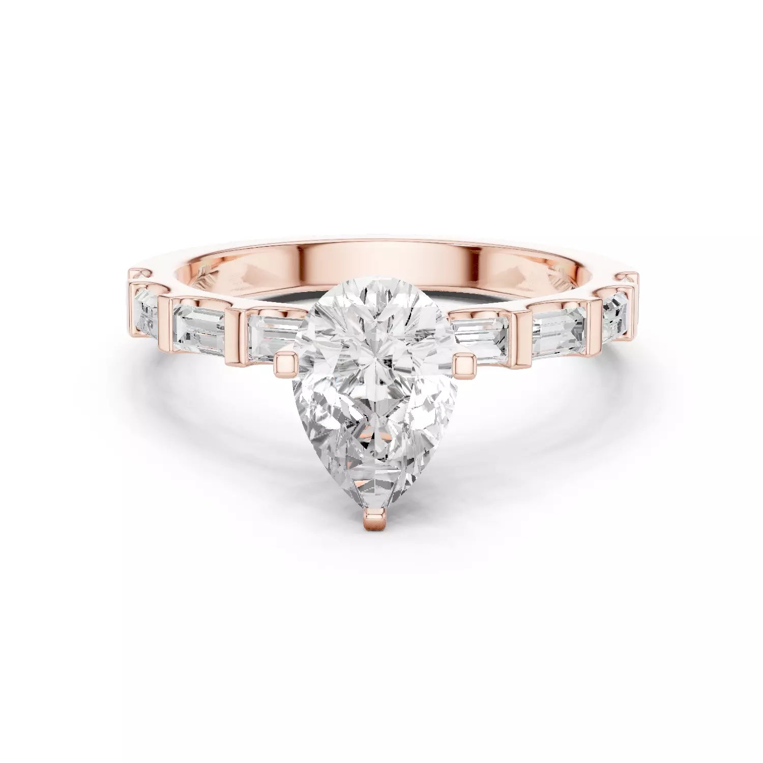 Pear And Baguette Cut U Cut Setting Wedding Ring in Rose Gold - front view