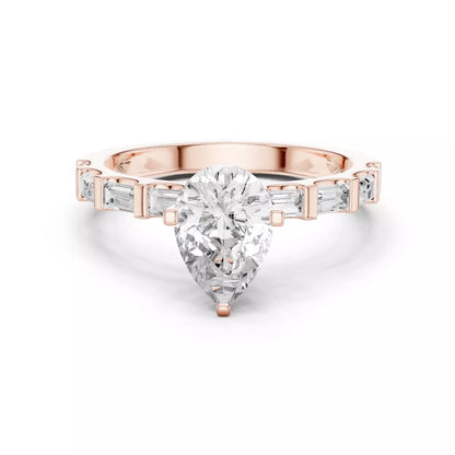 Pear And Baguette Cut U Cut Setting Wedding Ring in Rose Gold - front view