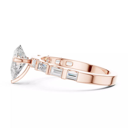 Pear And Baguette Cut U Cut Setting Wedding Ring in Rose Gold - detail view