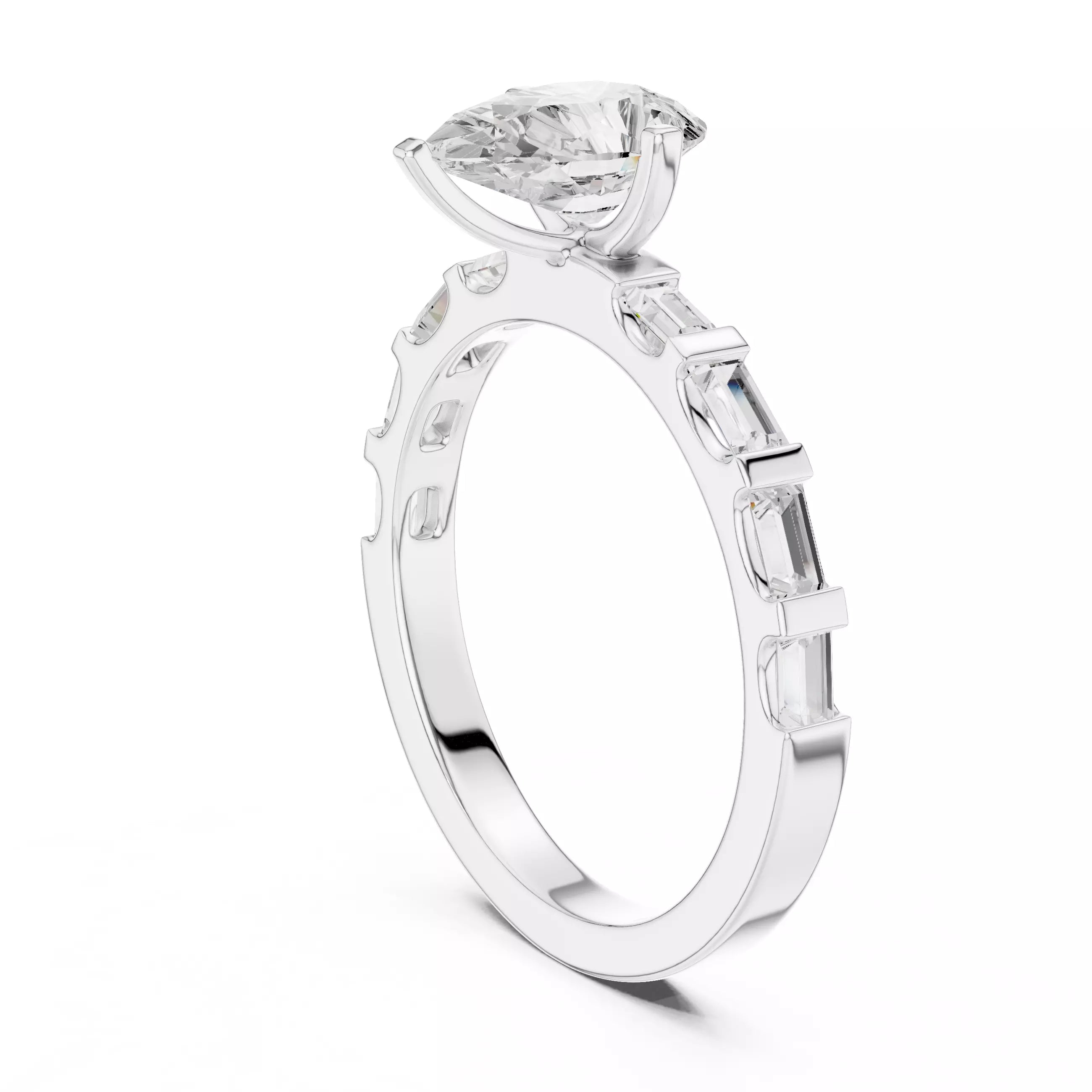 Pear And Baguette Cut U Cut Setting Wedding Ring in White Gold - side view