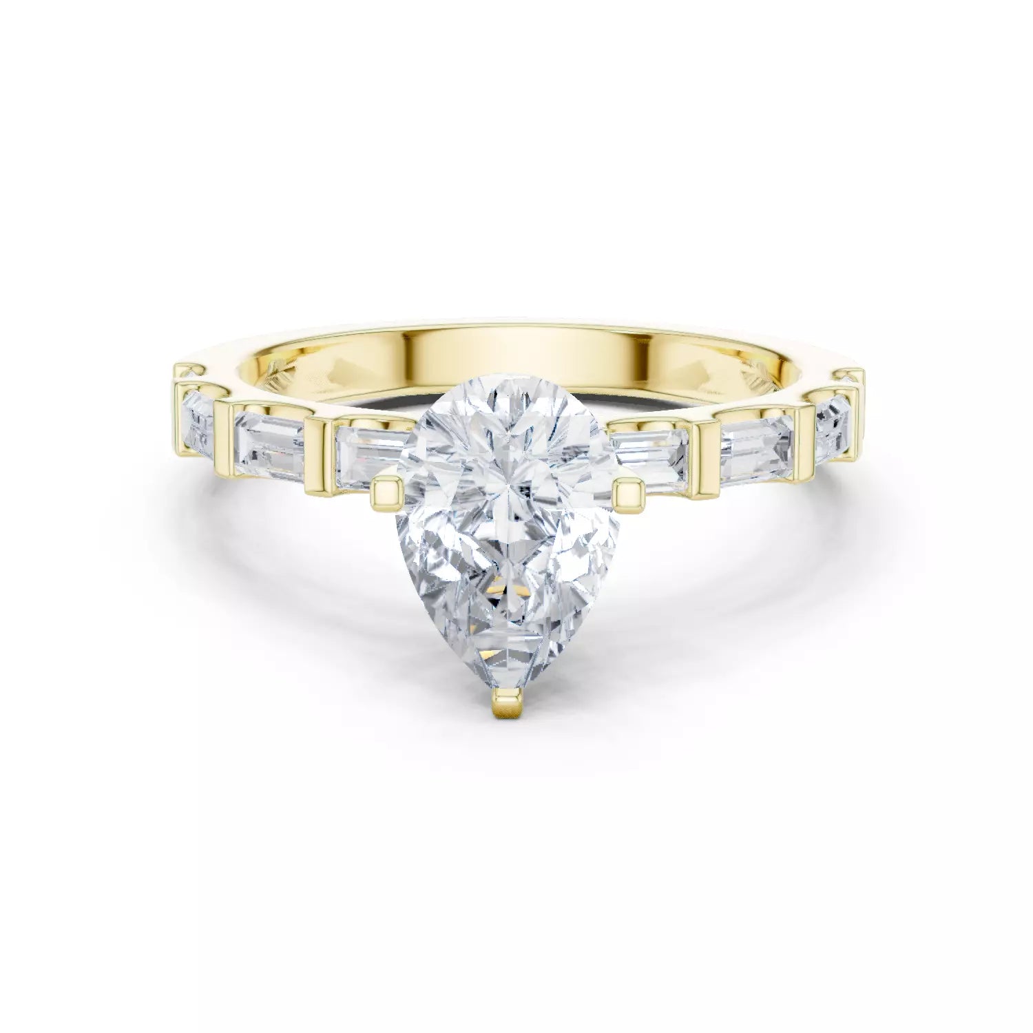 Pear And Baguette Cut U Cut Setting Wedding Ring in Yellow Gold - front view