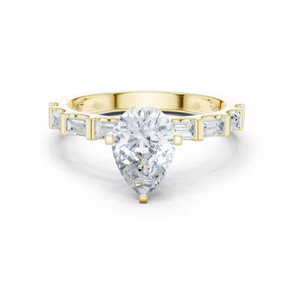 Pear And Baguette Cut U Cut Setting Wedding Ring in Yellow Gold - front view