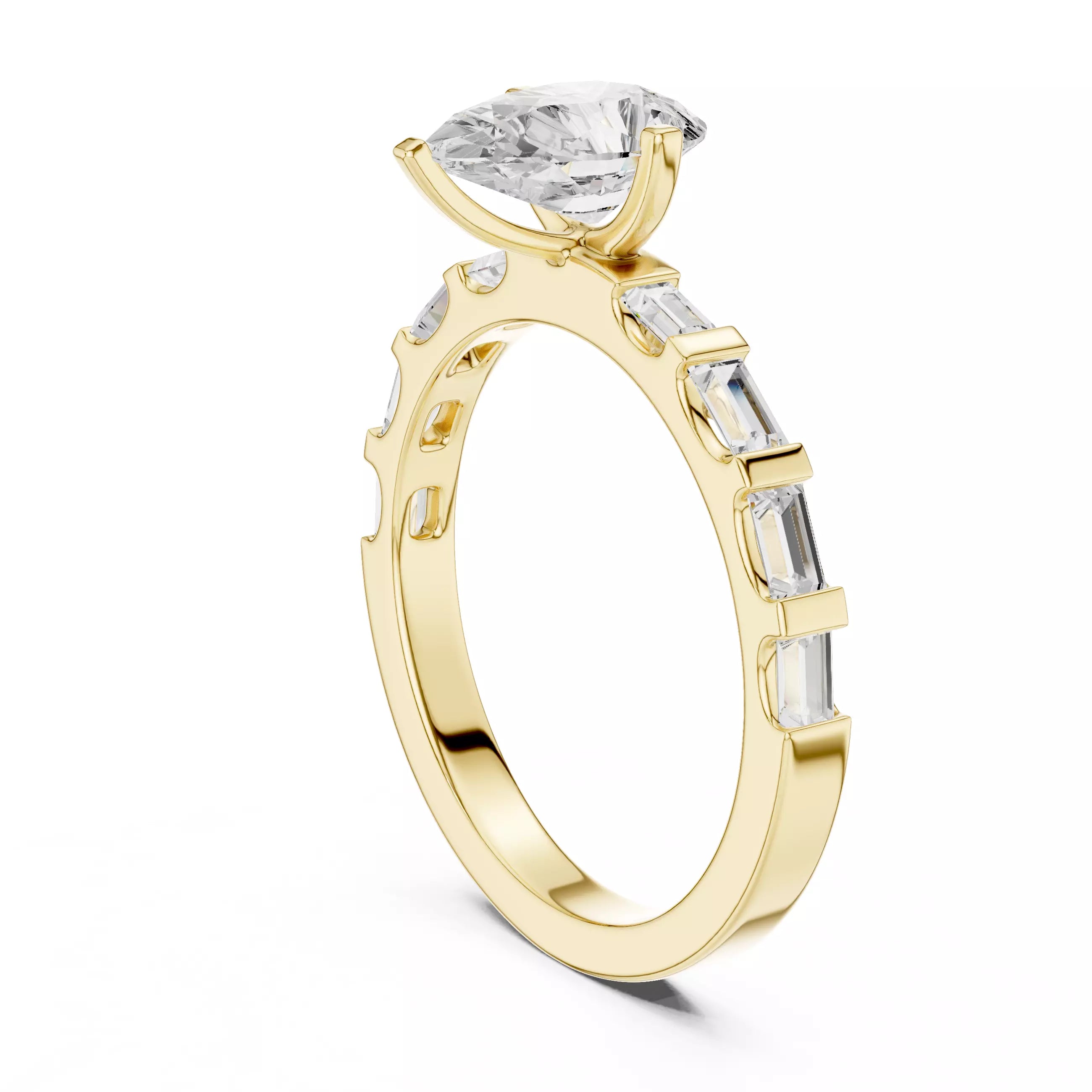 Pear And Baguette Cut U Cut Setting Wedding Ring in Yellow Gold - side view