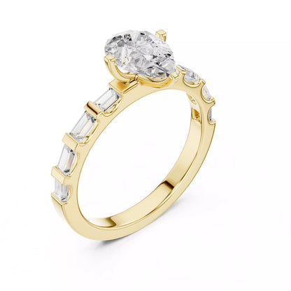 Pear And Baguette Cut U Cut Setting Wedding Ring in Yellow Gold - angle view
