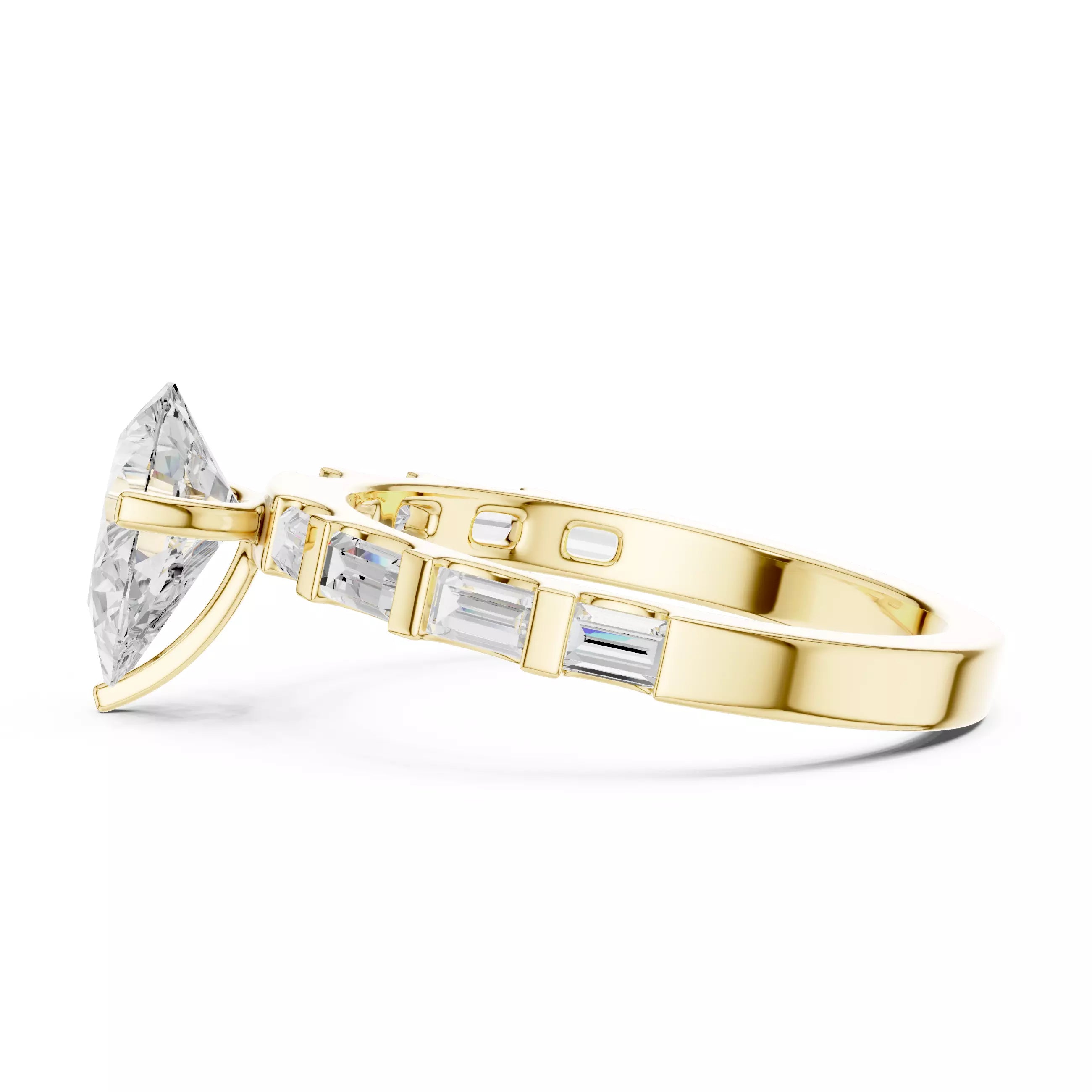 Pear And Baguette Cut U Cut Setting Wedding Ring in Yellow Gold - detail view