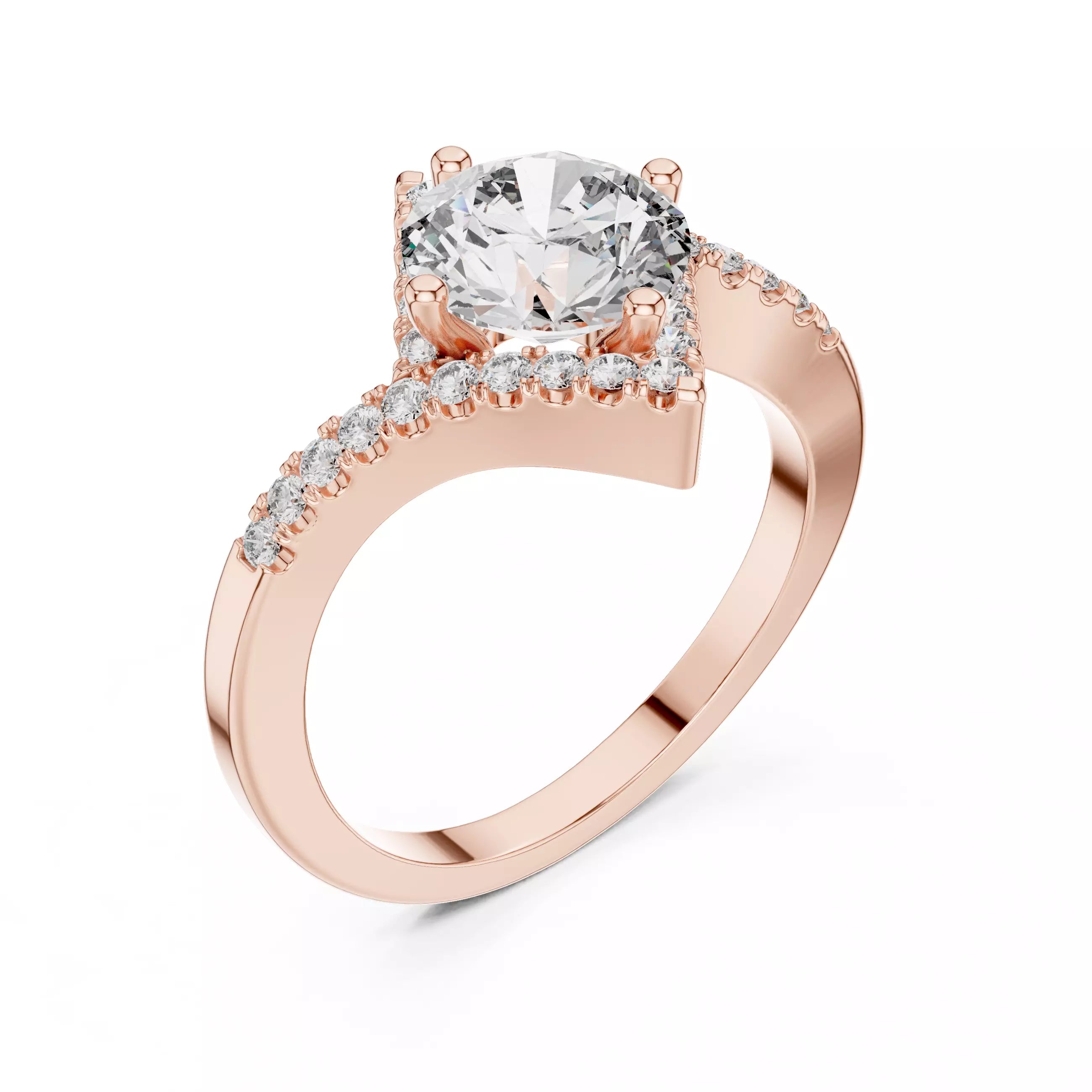 Bypass Shank Round Diamond Engagement Wedding Ring in Rose Gold - angle view