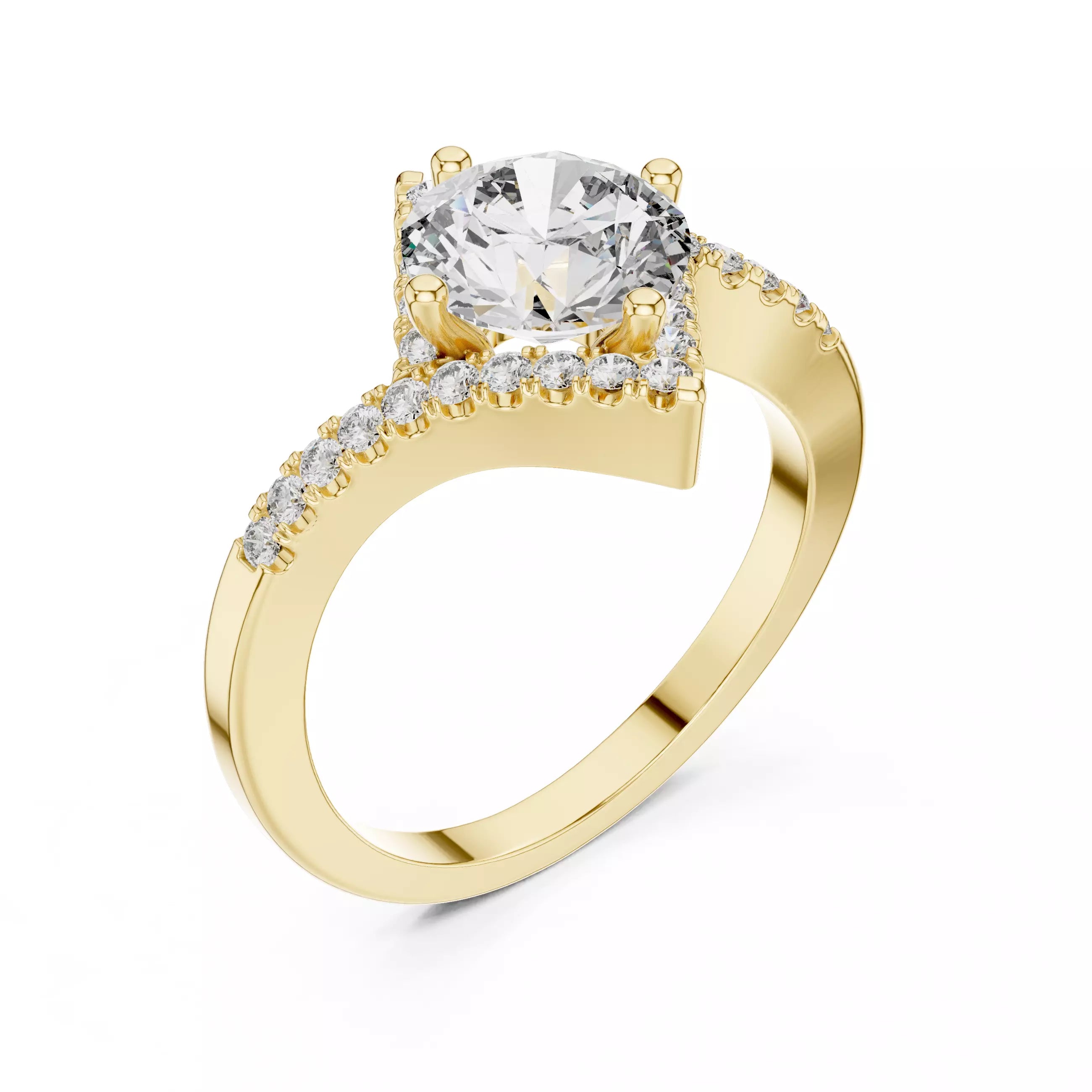 Bypass Shank Round Diamond Engagement Wedding Ring in Yellow Gold - angle view