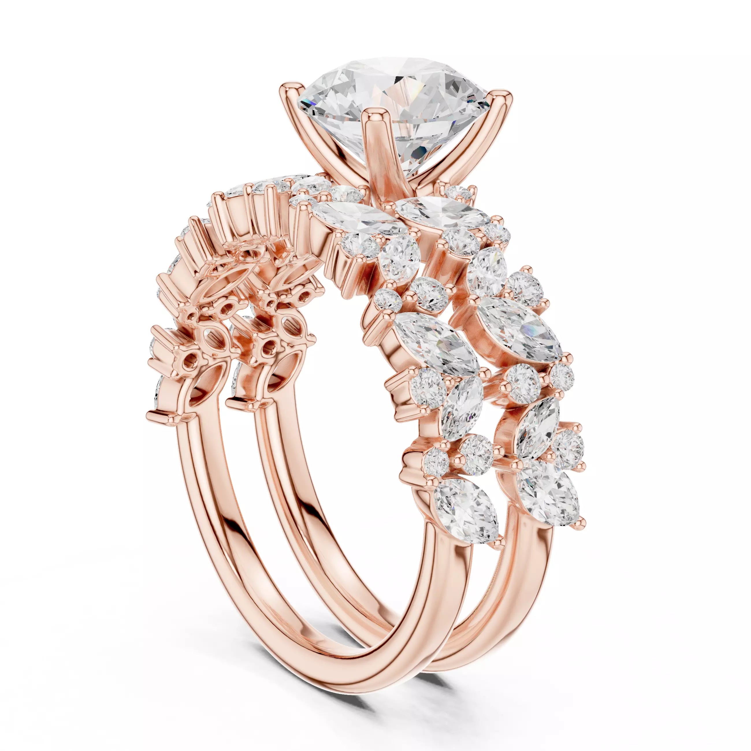 Marquise And Round Cut Cluster Wedding Ring Set in Rose Gold - side view