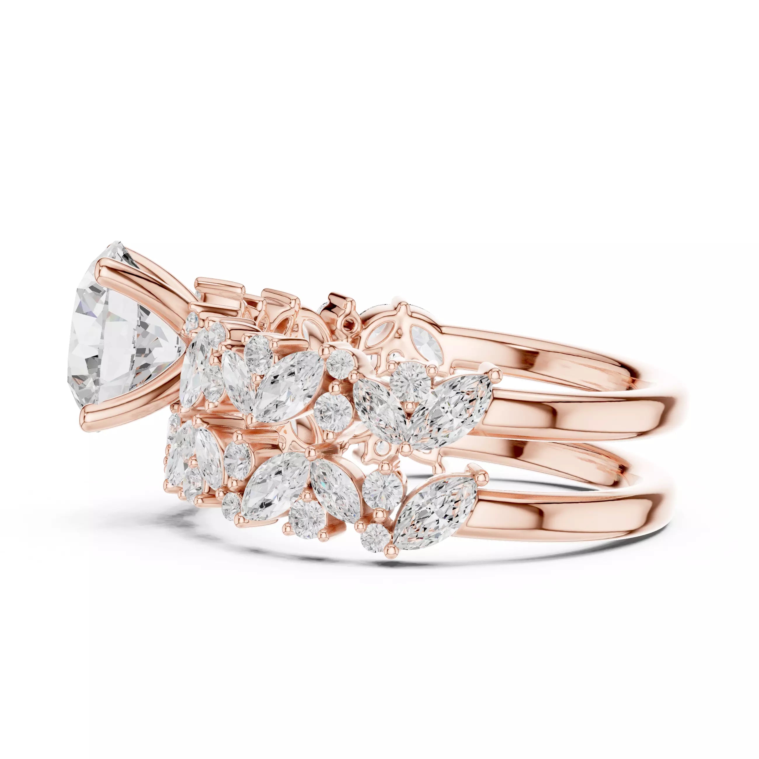 Marquise And Round Cut Cluster Wedding Ring Set in Rose Gold - detail view