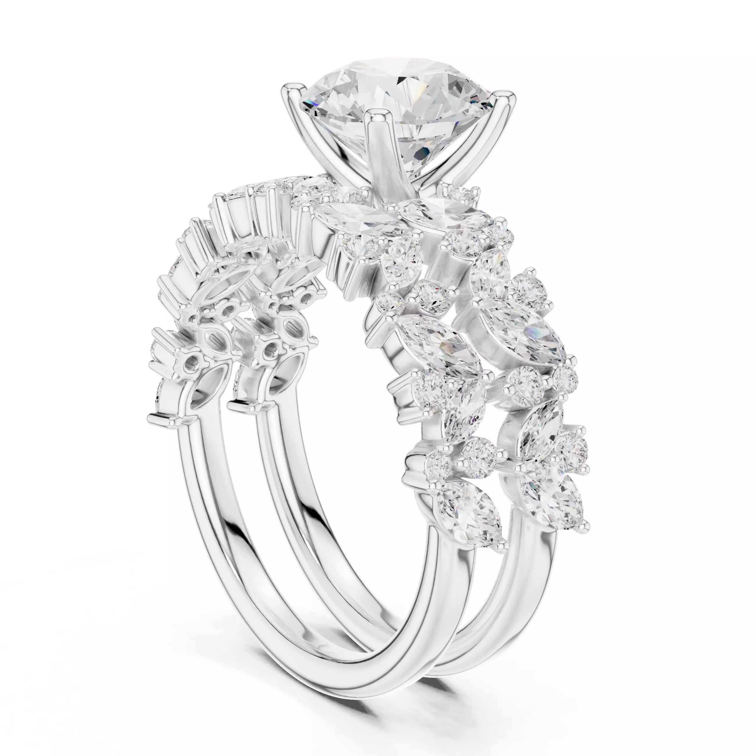 Marquise And Round Cut Cluster Wedding Ring Set in White Gold - side view
