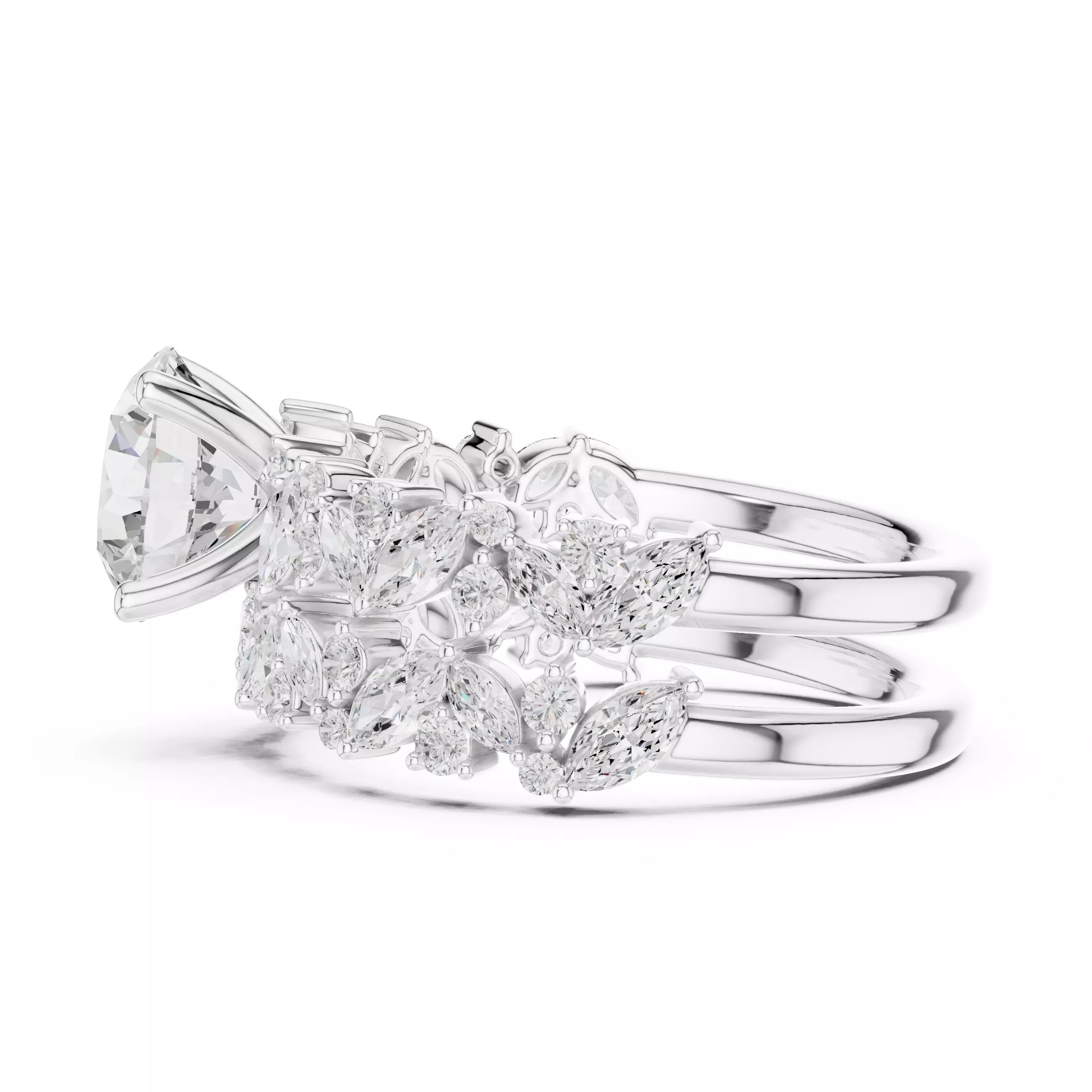 Marquise And Round Cut Cluster Wedding Ring Set in White Gold - detail view