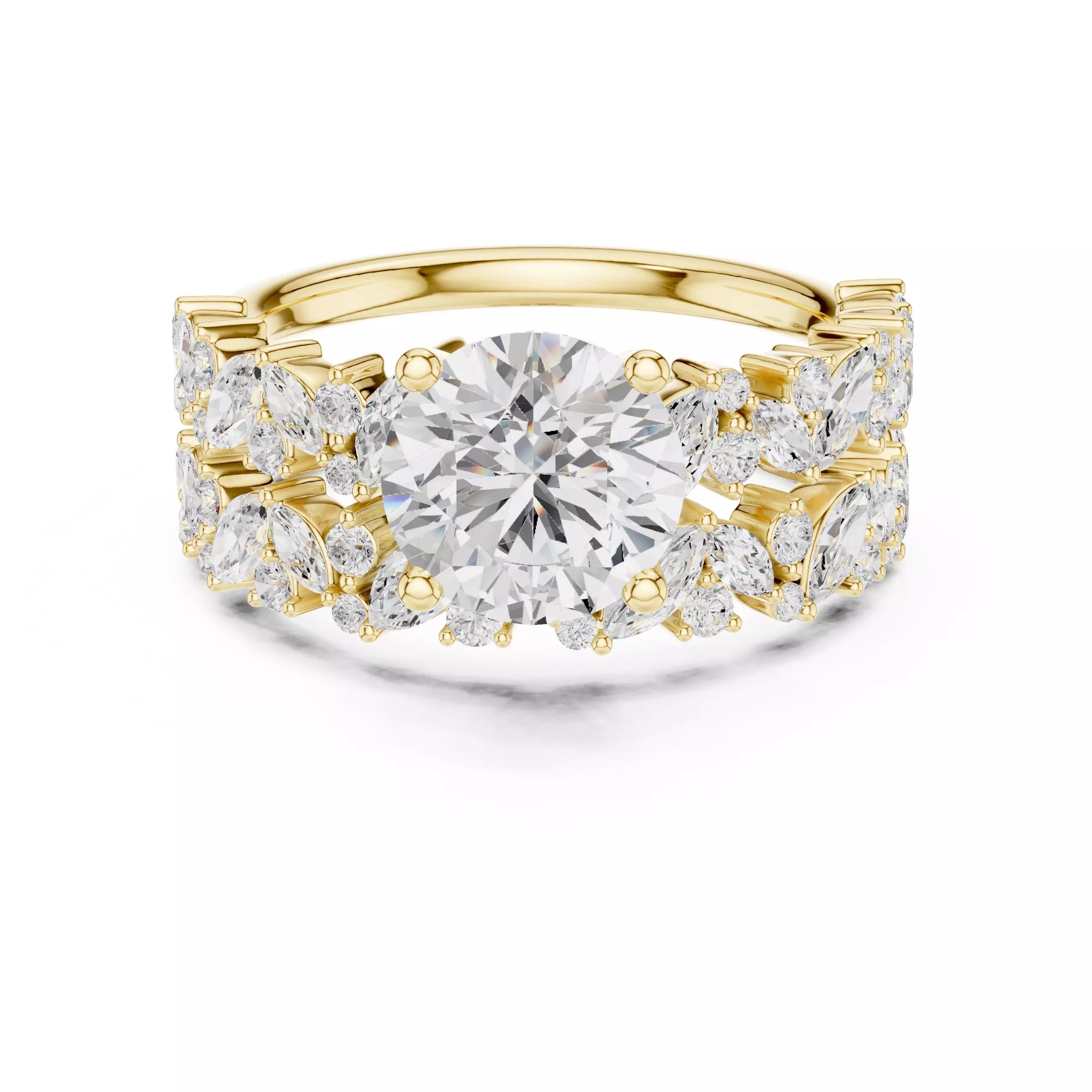 Marquise And Round Cut Cluster Wedding Ring Set in Yellow Gold - front view