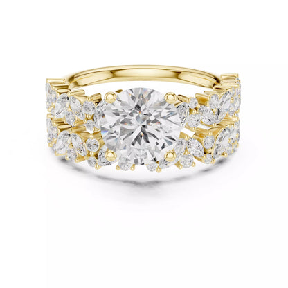 Marquise And Round Cut Cluster Wedding Ring Set in Yellow Gold - front view