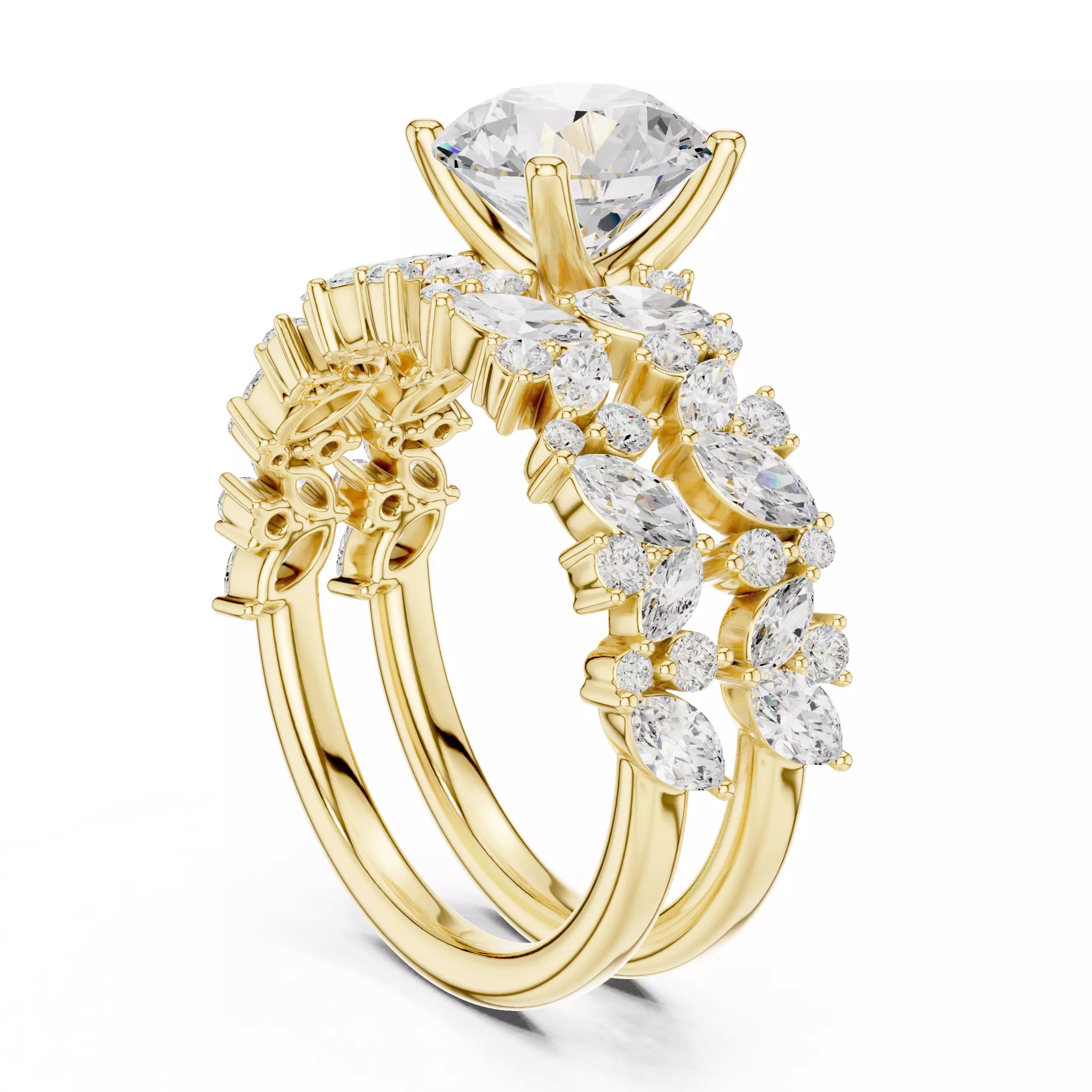 Marquise And Round Cut Cluster Wedding Ring Set in Yellow Gold - side view