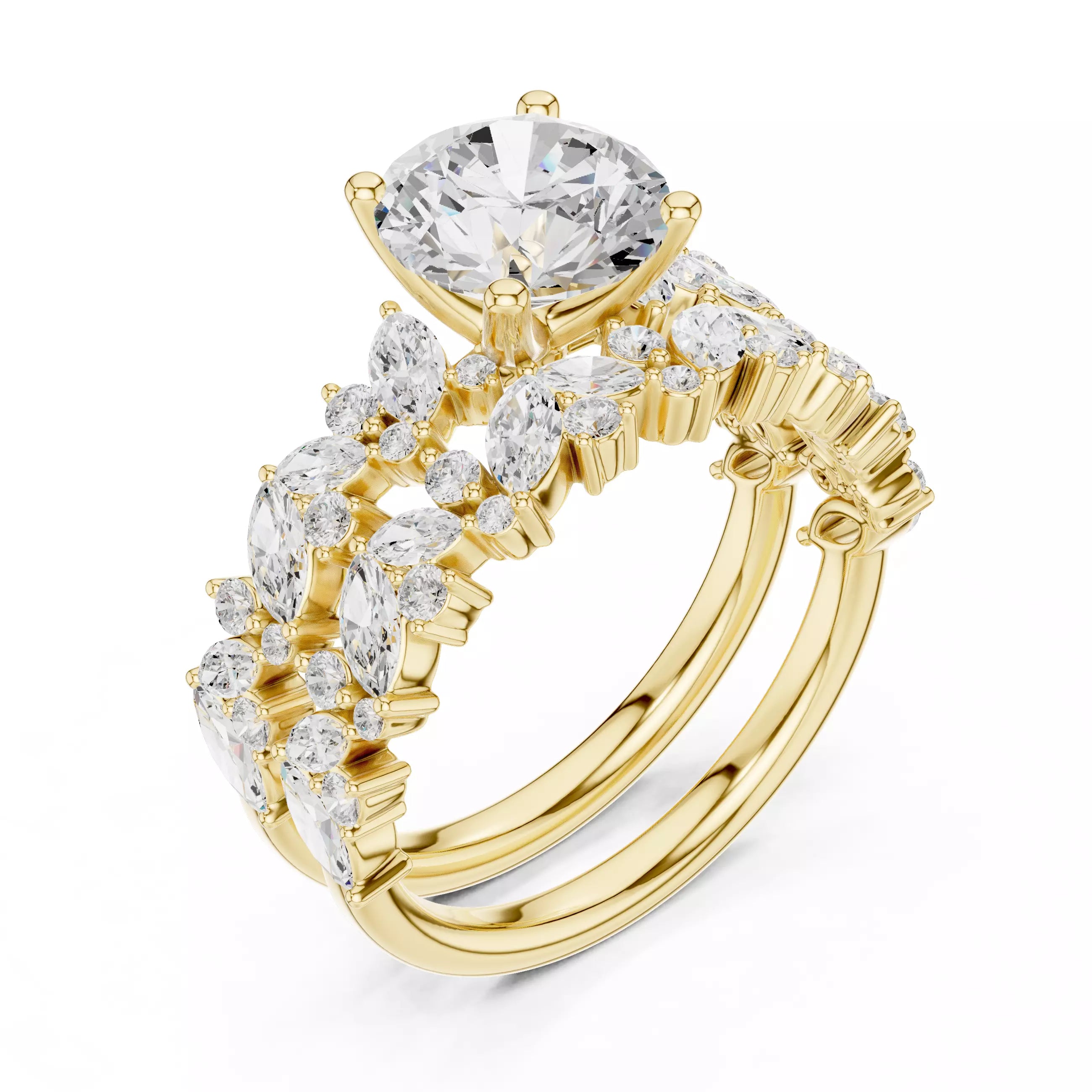 Marquise And Round Cut Cluster Wedding Ring Set in Yellow Gold - angle view
