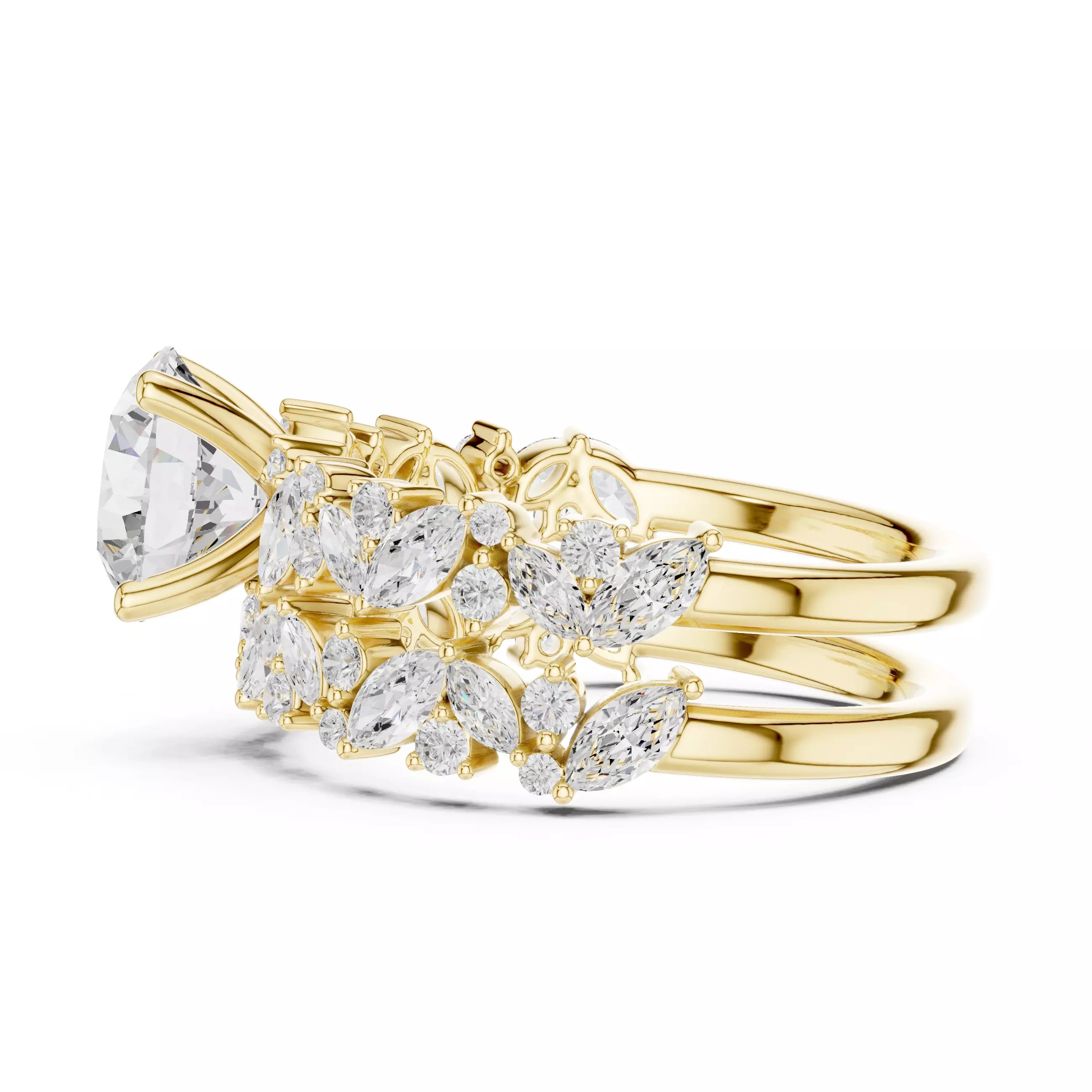 Marquise And Round Cut Cluster Wedding Ring Set in Yellow Gold - detail view