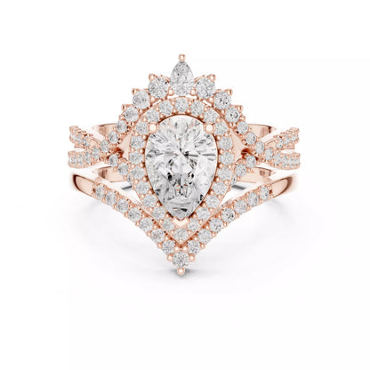 Pear Cut Cross Over Shank Wedding Ring Set in Rose Gold - front view