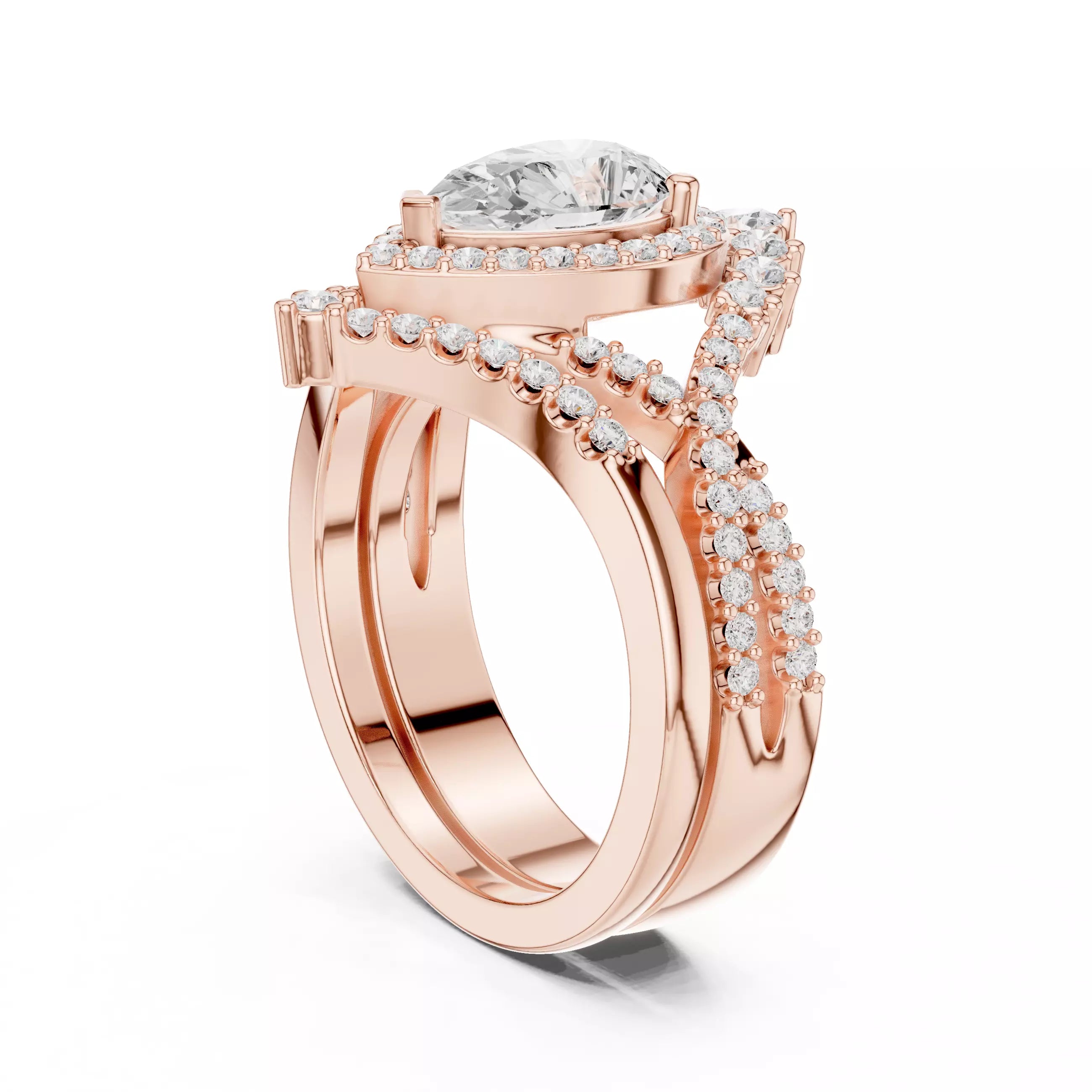 Pear Cut Cross Over Shank Wedding Ring Set in Rose Gold - side view