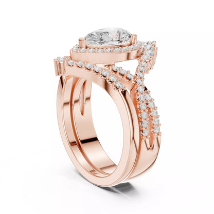 Pear Cut Cross Over Shank Wedding Ring Set in Rose Gold - side view