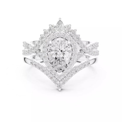 Pear Cut Cross Over Shank Wedding Ring Set in White Gold - front view