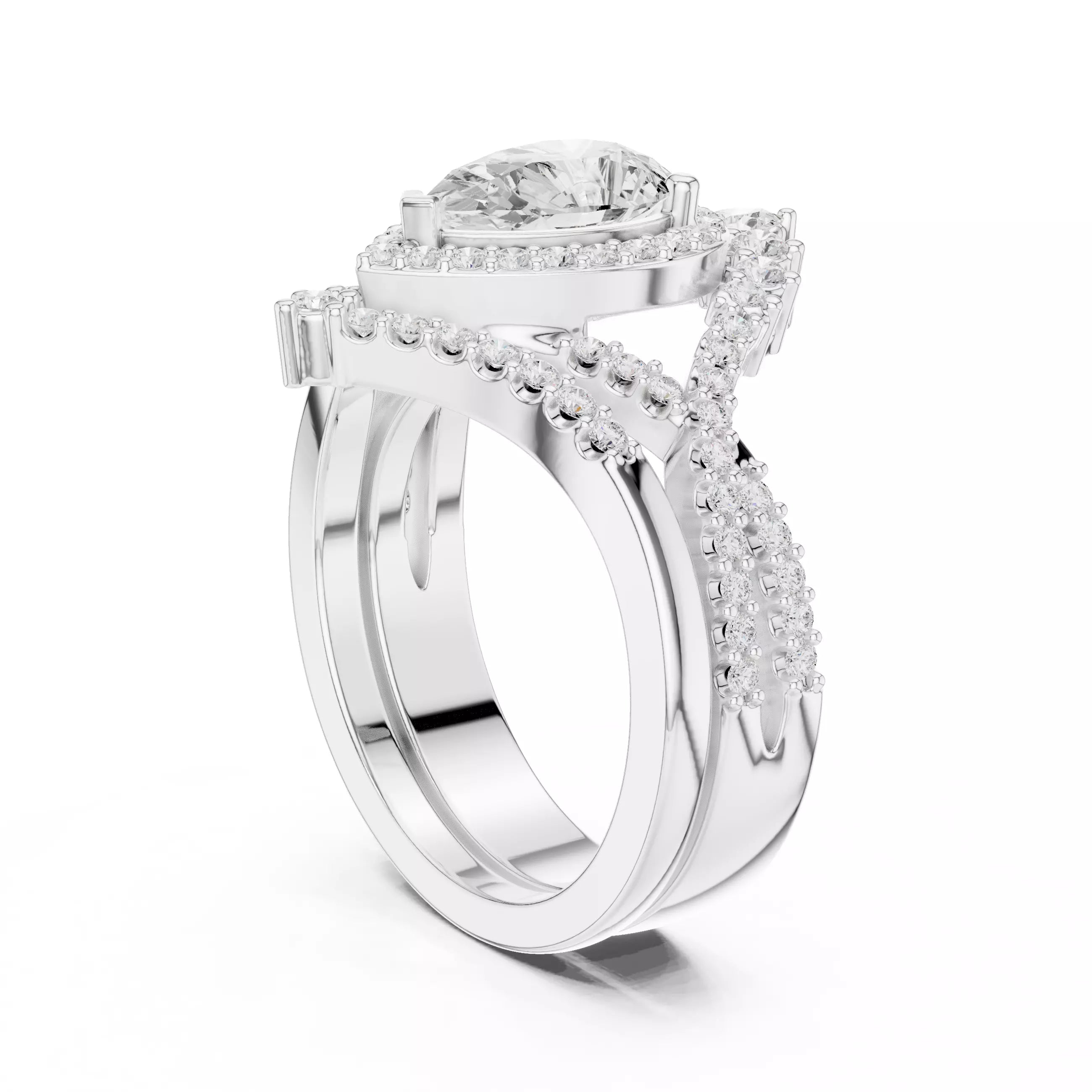 Pear Cut Cross Over Shank Wedding Ring Set in White Gold - side view