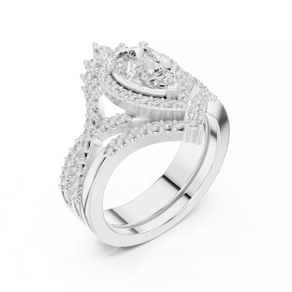 Pear Cut Cross Over Shank Wedding Ring Set in White Gold - angle view