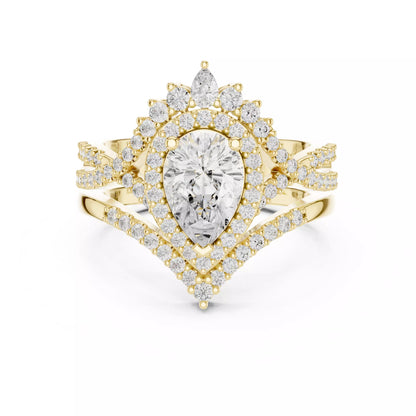 Pear Cut Cross Over Shank Wedding Ring Set in Yellow Gold - front view