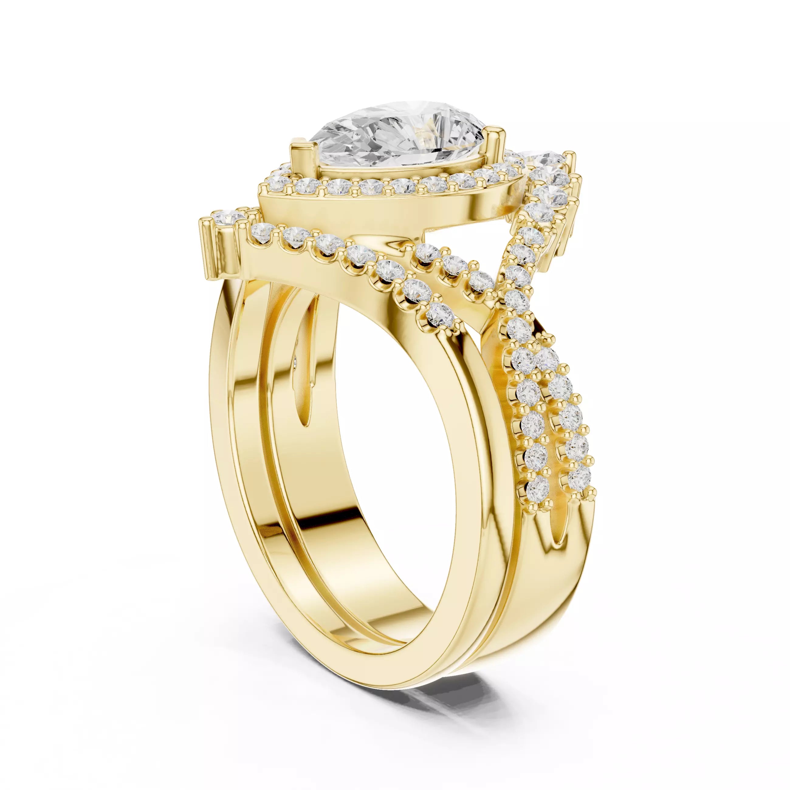 Pear Cut Cross Over Shank Wedding Ring Set in Yellow Gold - side view