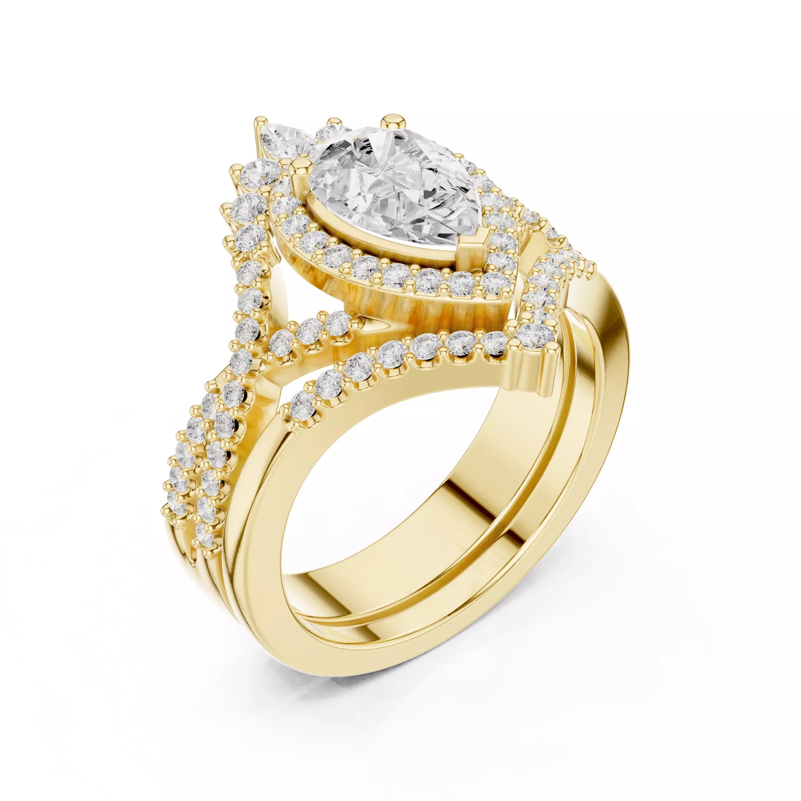 Pear Cut Cross Over Shank Wedding Ring Set in Yellow Gold - angle view