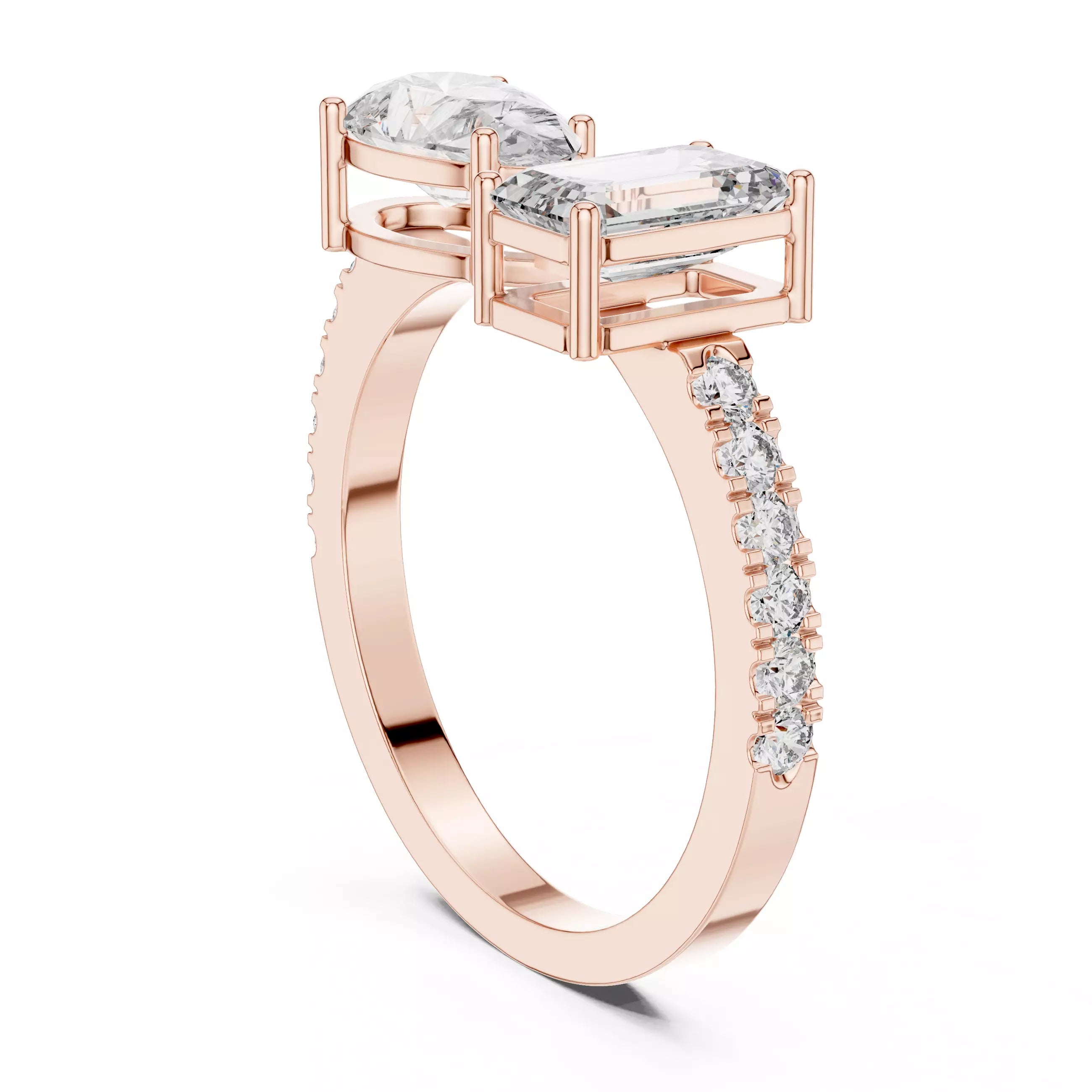 Open Cuff Emerald And Pear Cut Wedding Ring in Rose Gold - side view