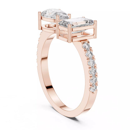 Open Cuff Emerald And Pear Cut Wedding Ring in Rose Gold - side view