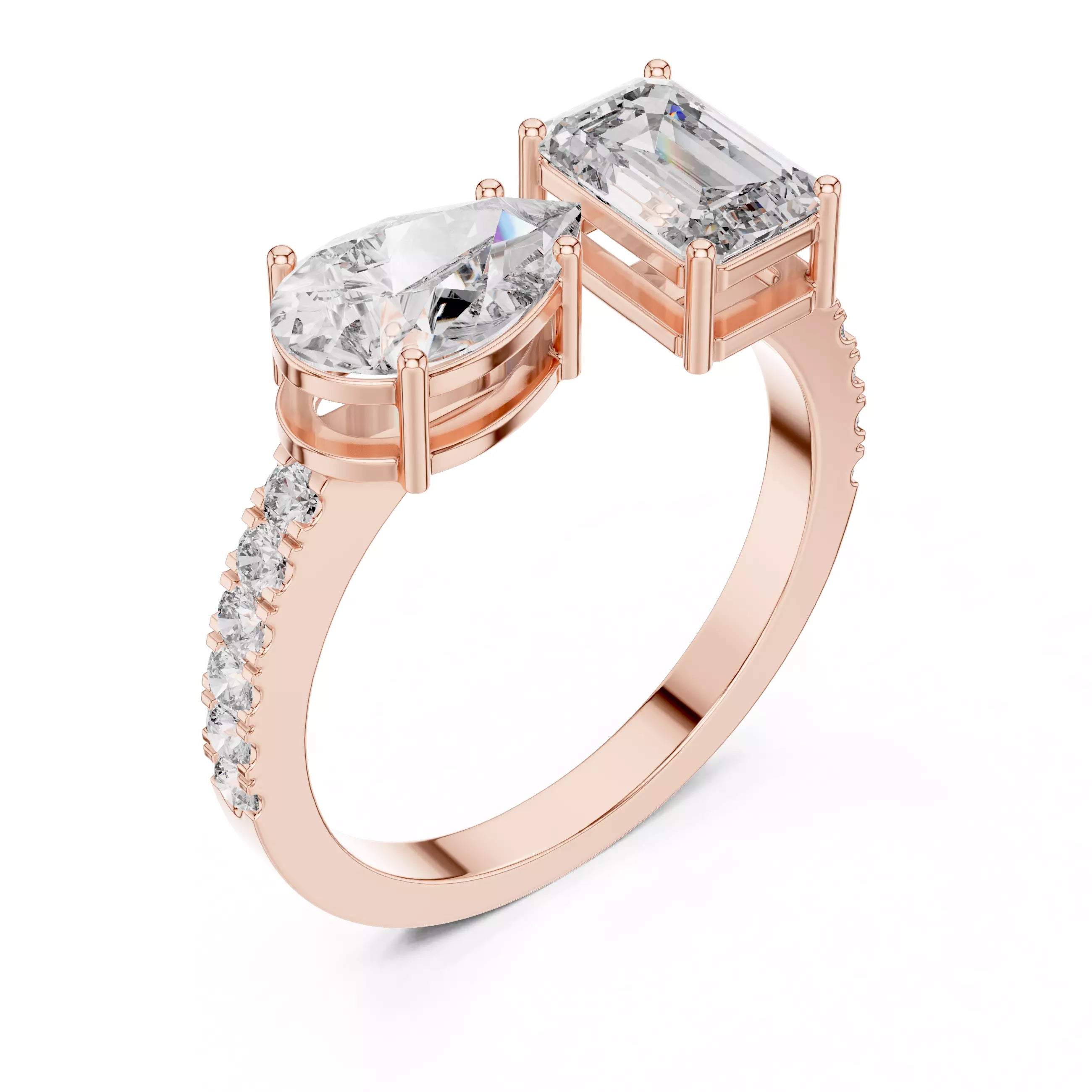 Open Cuff Emerald And Pear Cut Wedding Ring in Rose Gold - angle view