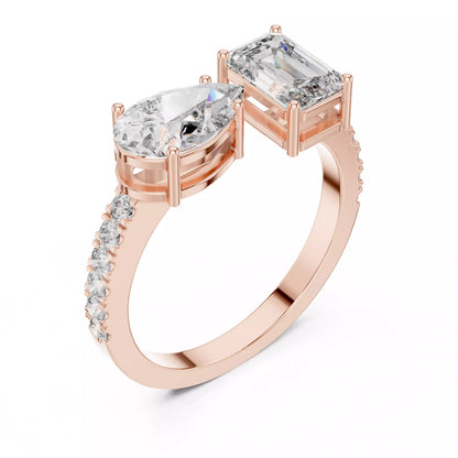 Open Cuff Emerald And Pear Cut Wedding Ring in Rose Gold - angle view