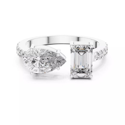 Open Cuff Emerald And Pear Cut Wedding Ring in White Gold - front view