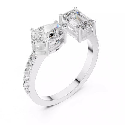 Open Cuff Emerald And Pear Cut Wedding Ring in White Gold - angle view