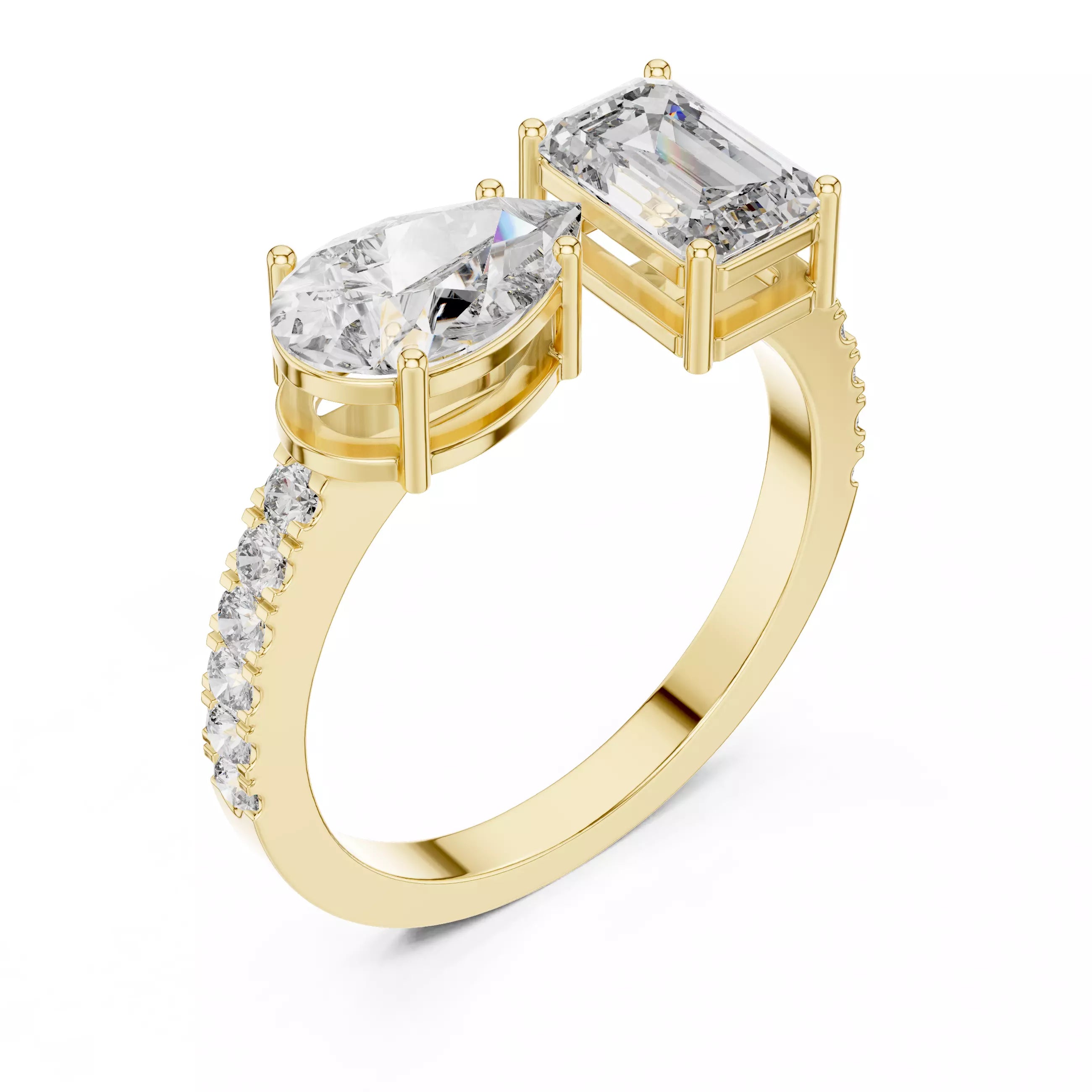 Open Cuff Emerald And Pear Cut Wedding Ring in Yellow Gold - angle view