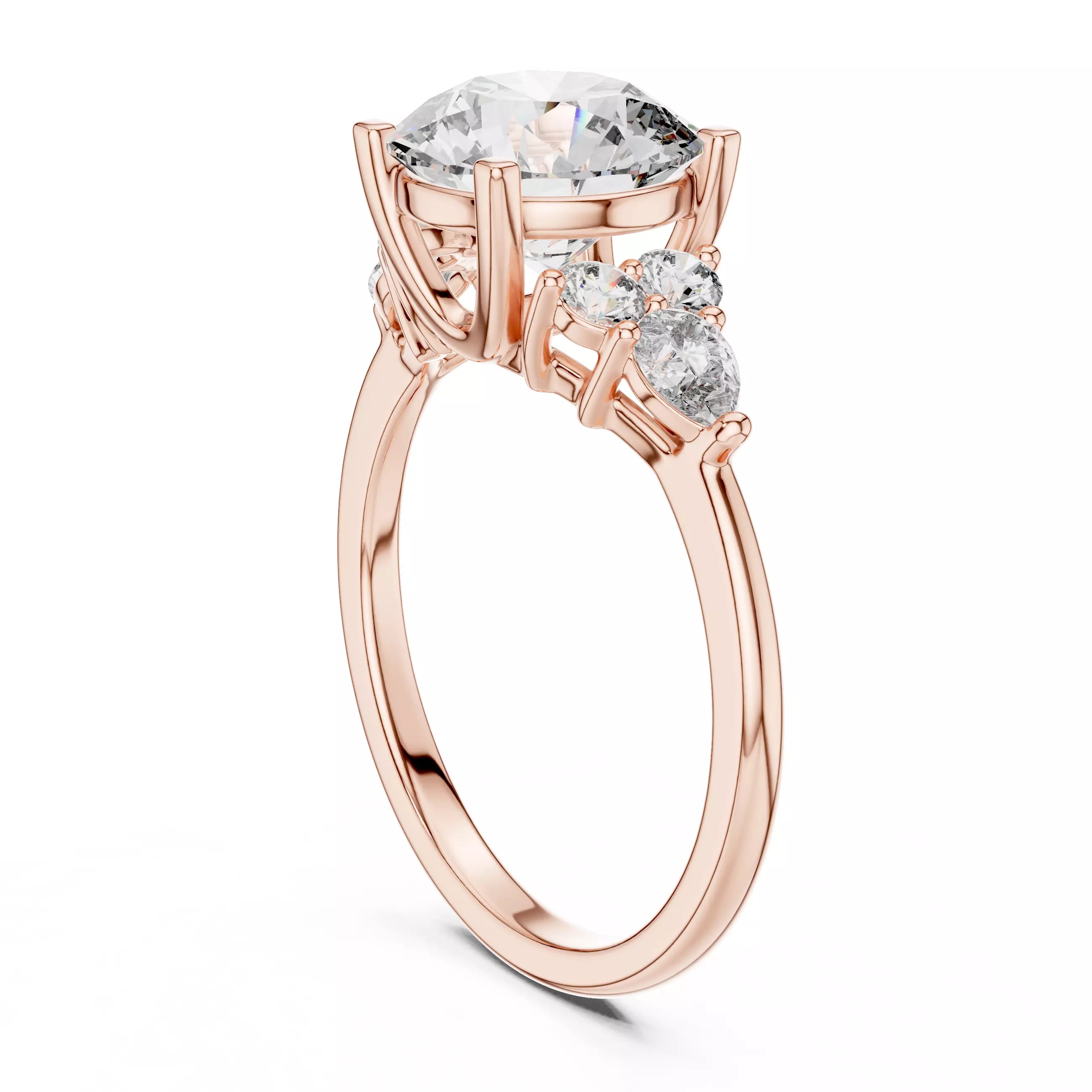 Round And Pear Cut Diamond Engagement Ring in Rose Gold - side view