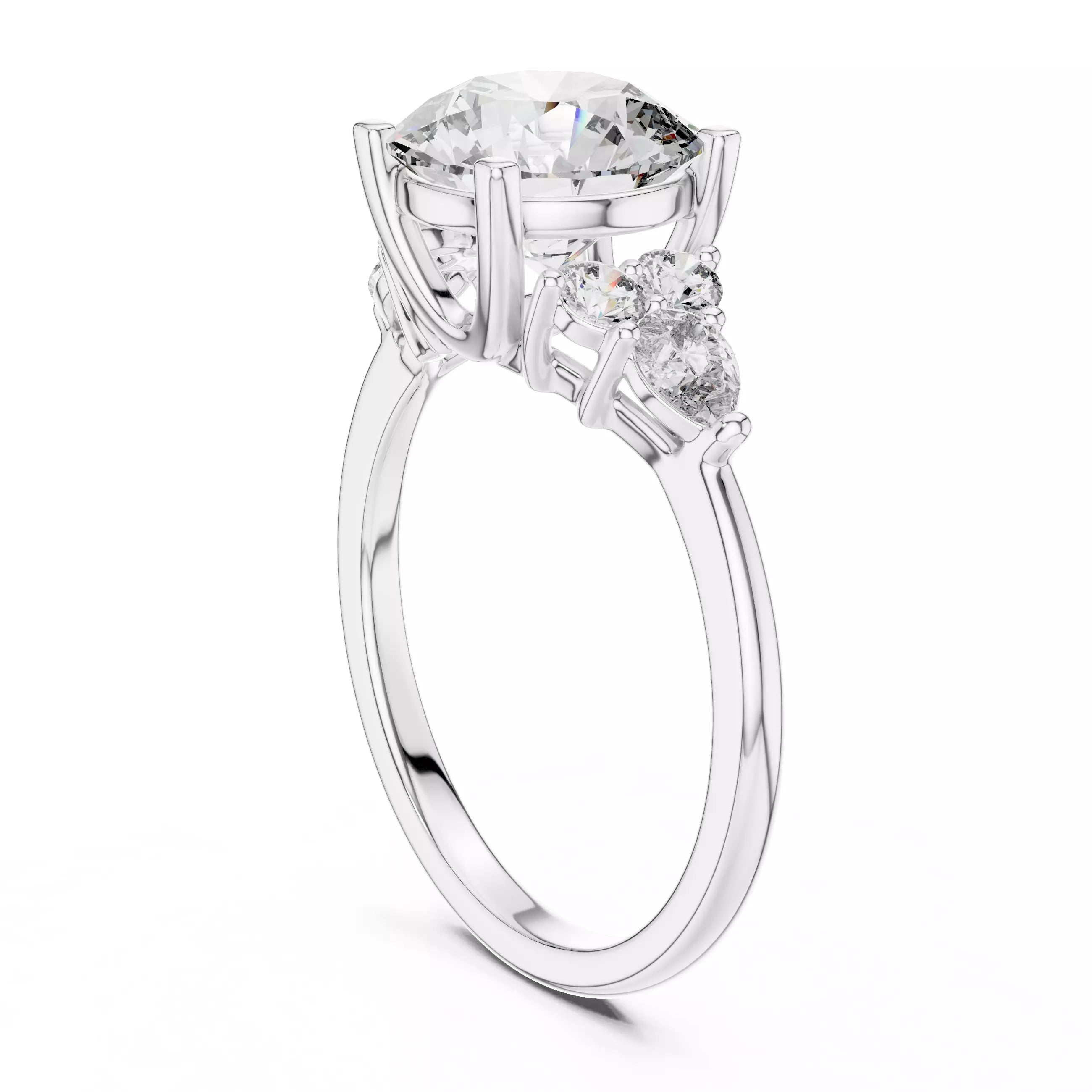 Round And Pear Cut Diamond Engagement Ring in White Gold - side view