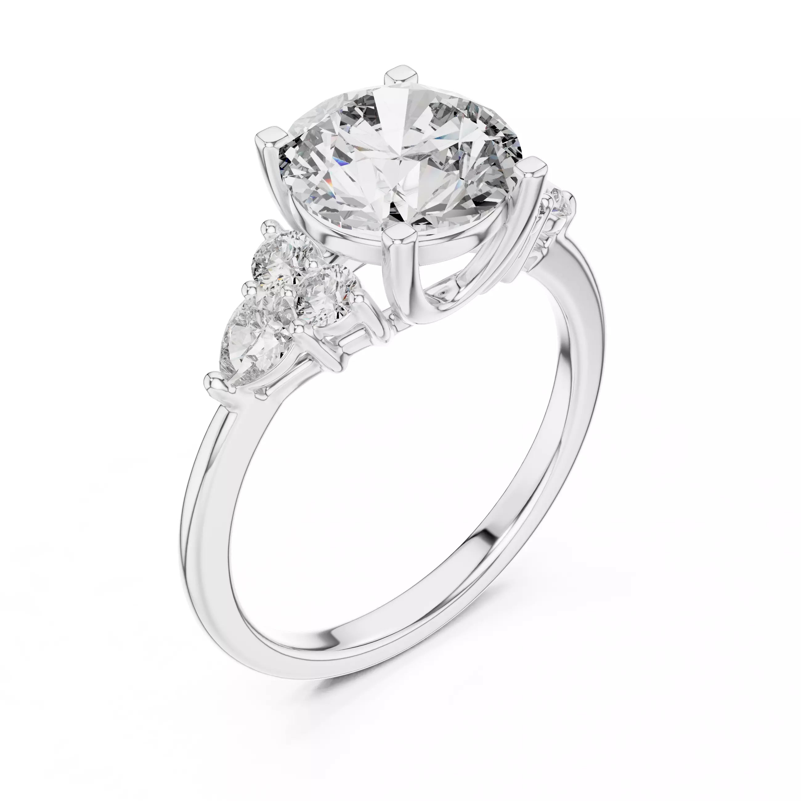 Round And Pear Cut Diamond Engagement Ring in White Gold - angle view